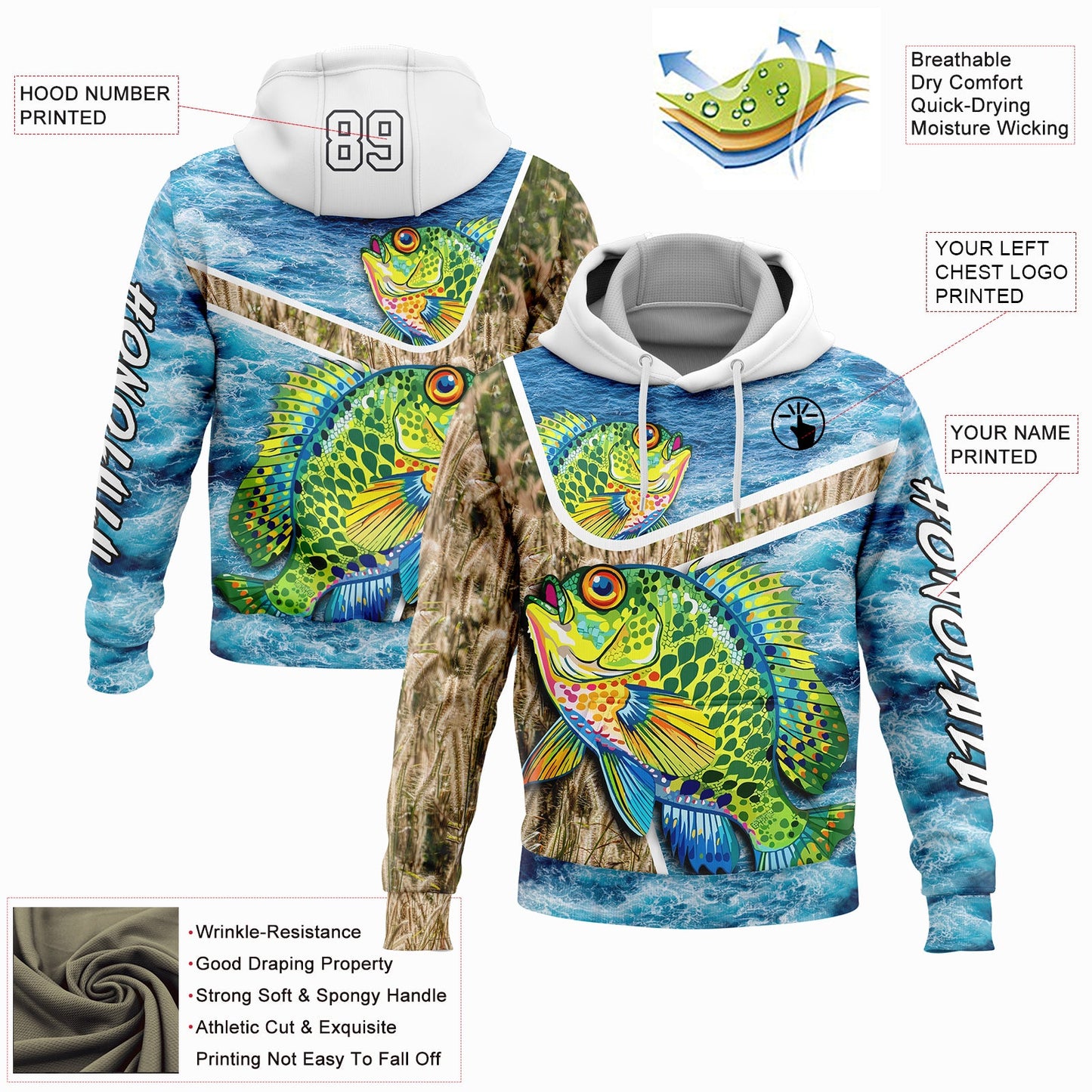 Custom Lakes Blue White Black 3D Sea Waves And Bluegill Fish Fishing Sports Pullover Sweatshirt Hoodie view 2