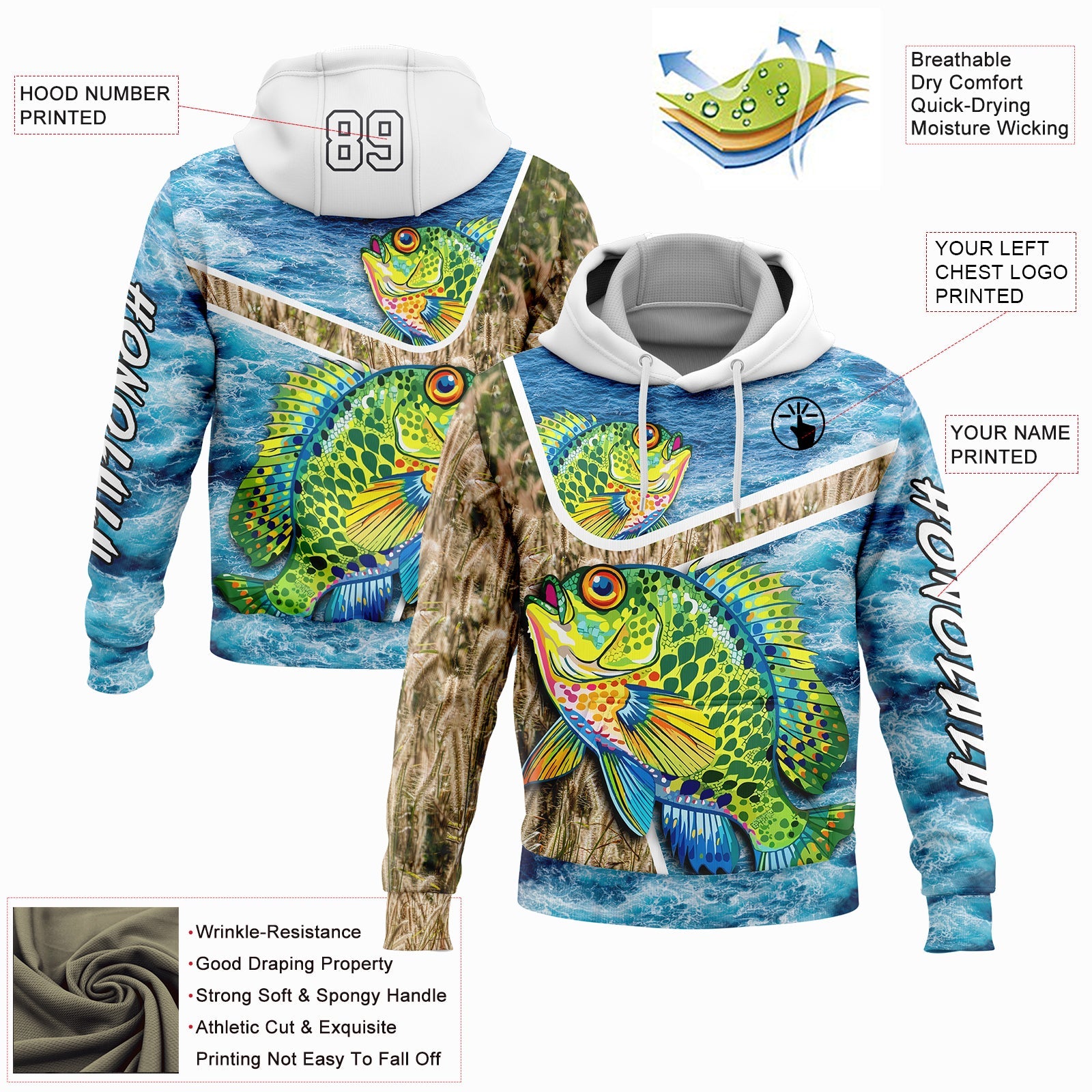 Custom Lakes Blue White Black 3D Sea Waves And Bluegill Fish Fishing Sports Pullover Sweatshirt Hoodie view 2
