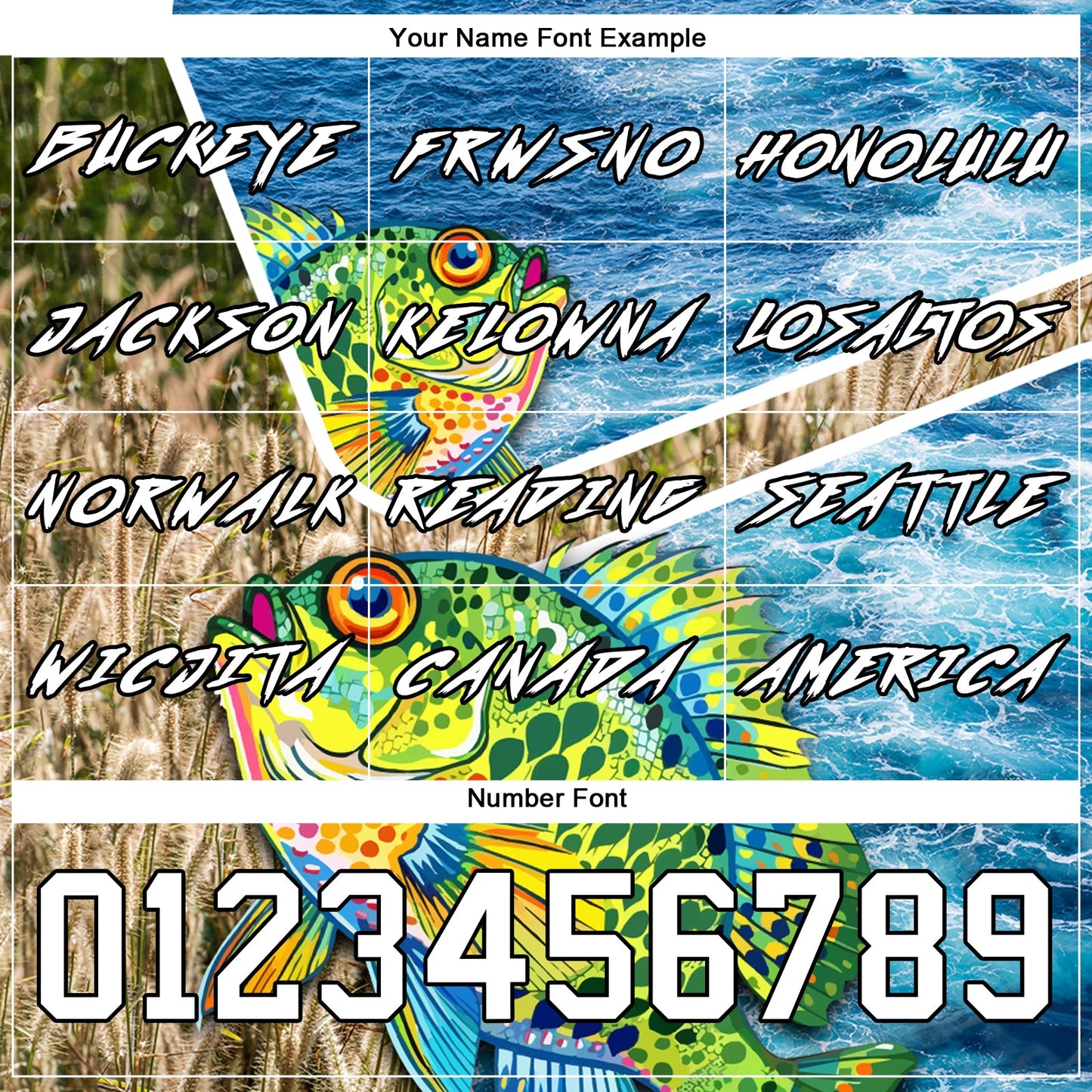 Custom Lakes Blue White Black 3D Sea Waves And Bluegill Fish Fishing Sports Pullover Sweatshirt Hoodie view 3