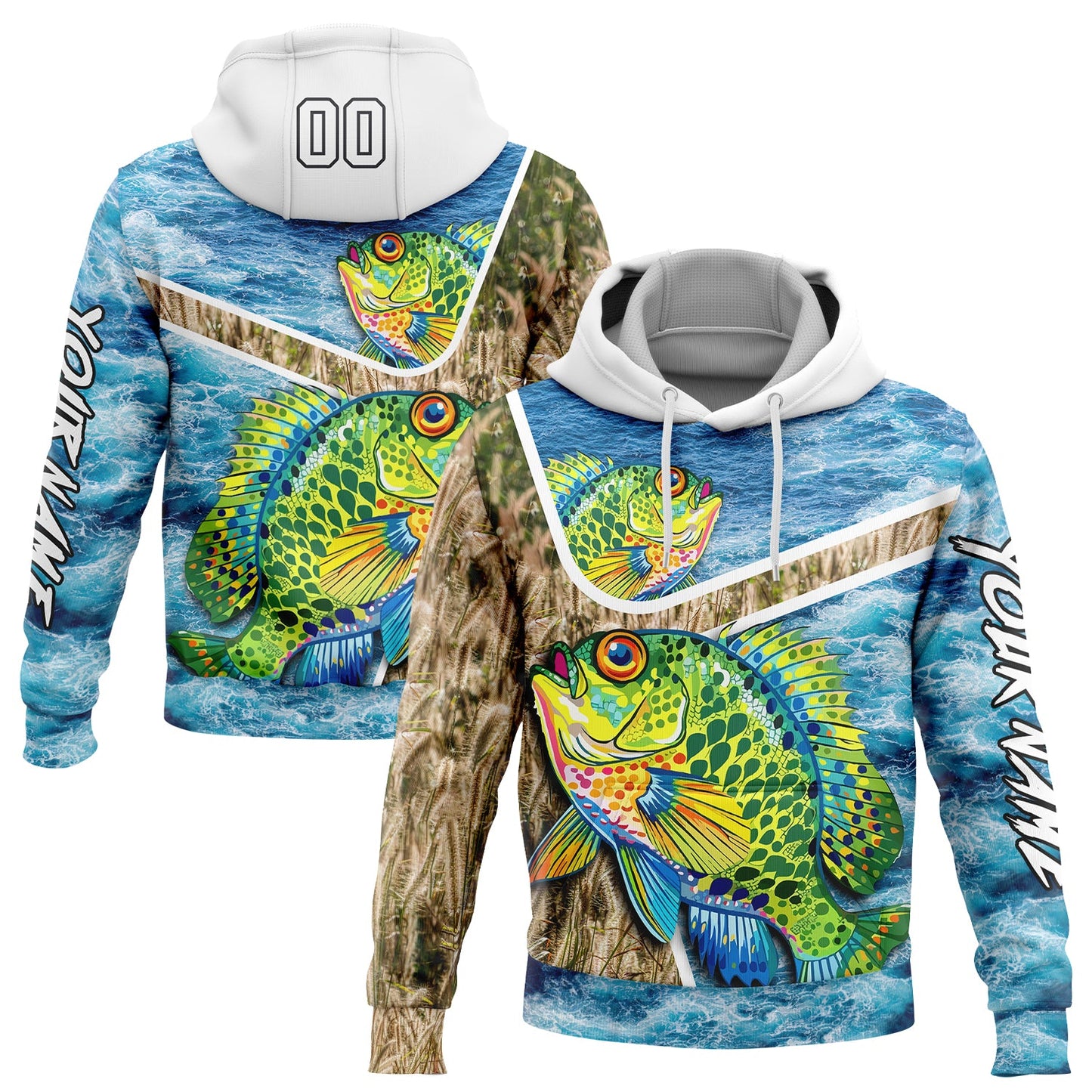 Custom Lakes Blue White Black 3D Sea Waves And Bluegill Fish Fishing Sports Pullover Sweatshirt Hoodie - Main View