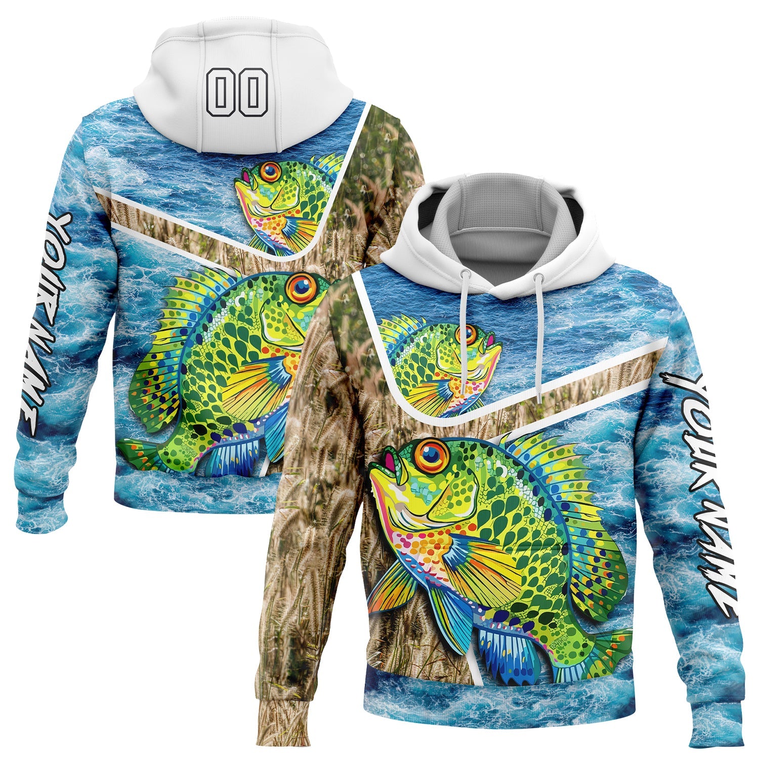 Custom Lakes Blue White Black 3D Sea Waves And Bluegill Fish Fishing Sports Pullover Sweatshirt Hoodie - Main View