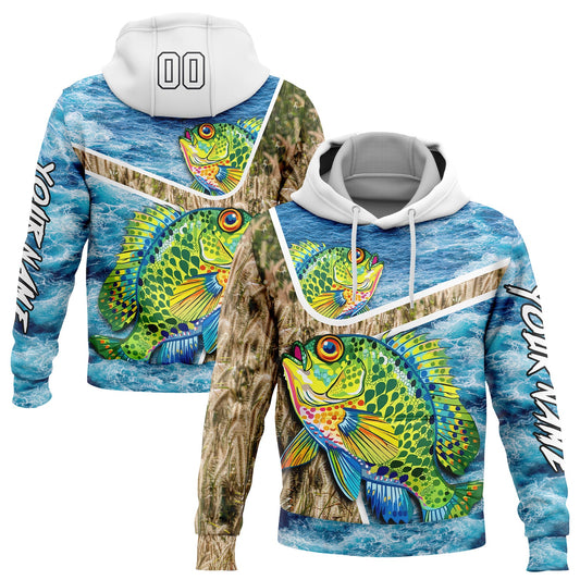 Custom Lakes Blue White Black 3D Sea Waves And Bluegill Fish Fishing Sports Pullover Sweatshirt Hoodie - Main View