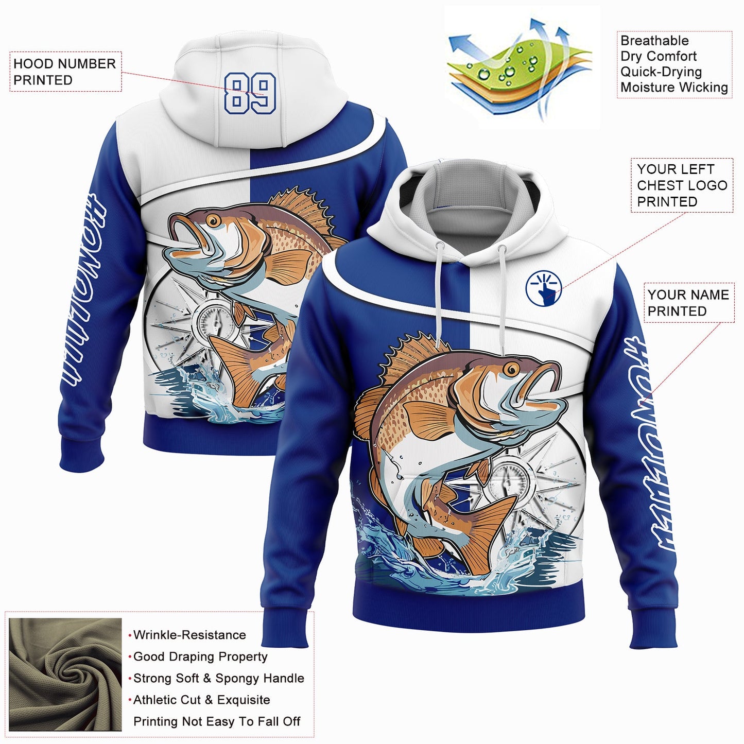 Custom Thunder Blue White 3D Largemouth Bass Fish Fishing Sports Pullover Sweatshirt Hoodie view 2