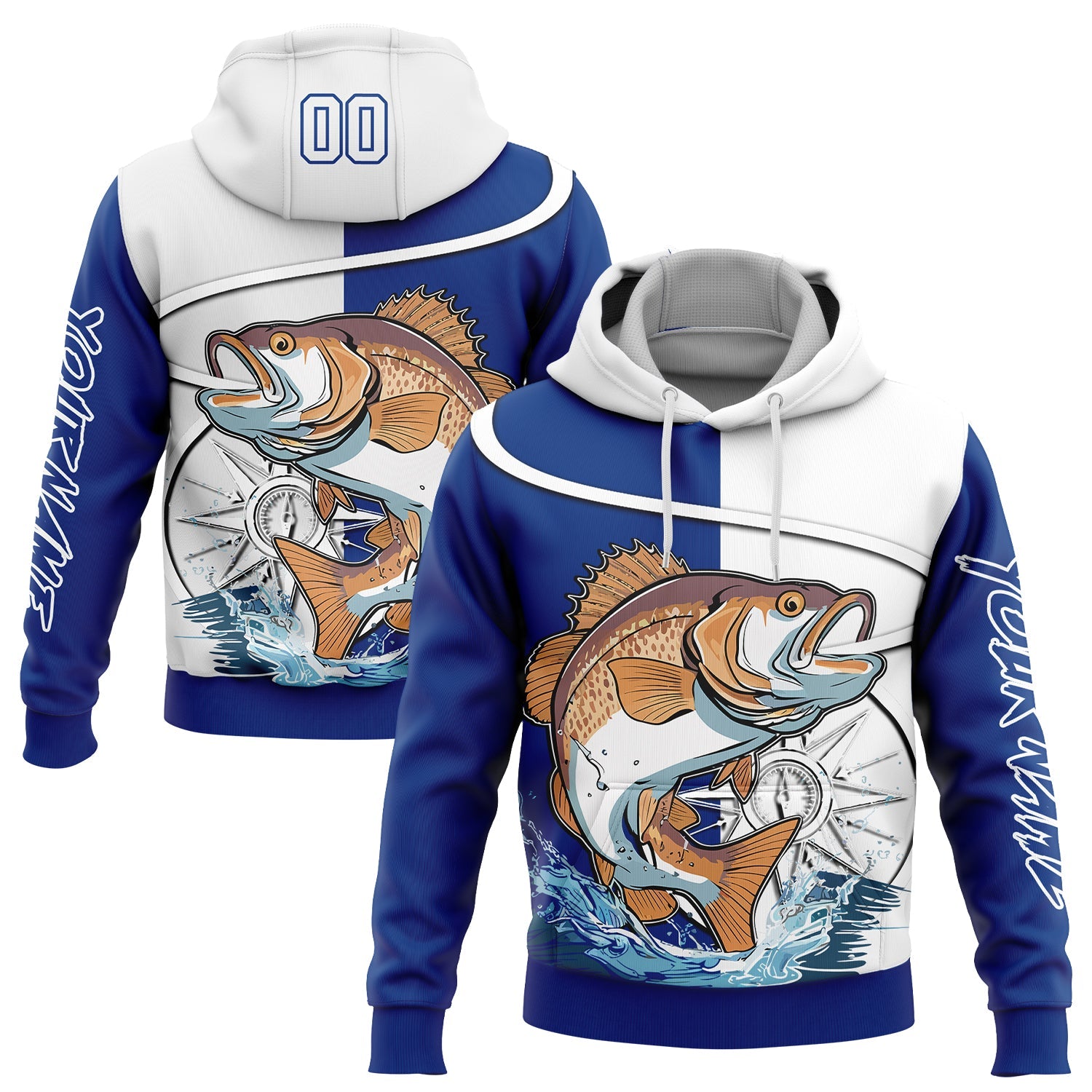 Custom Thunder Blue White 3D Largemouth Bass Fish Fishing Sports Pullover Sweatshirt Hoodie - Main View