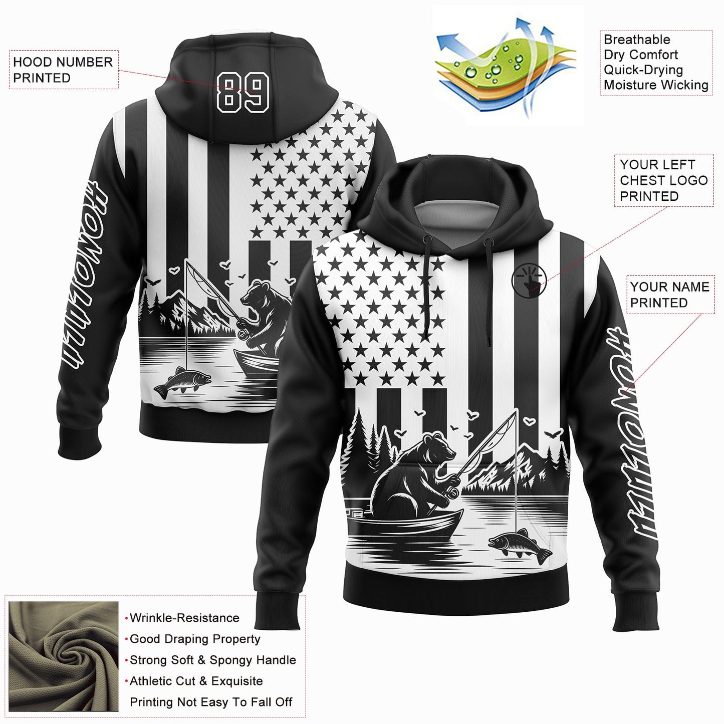 Custom Black White 3D American Flag And Fish Fishing Sports Pullover Sweatshirt Hoodie view 2
