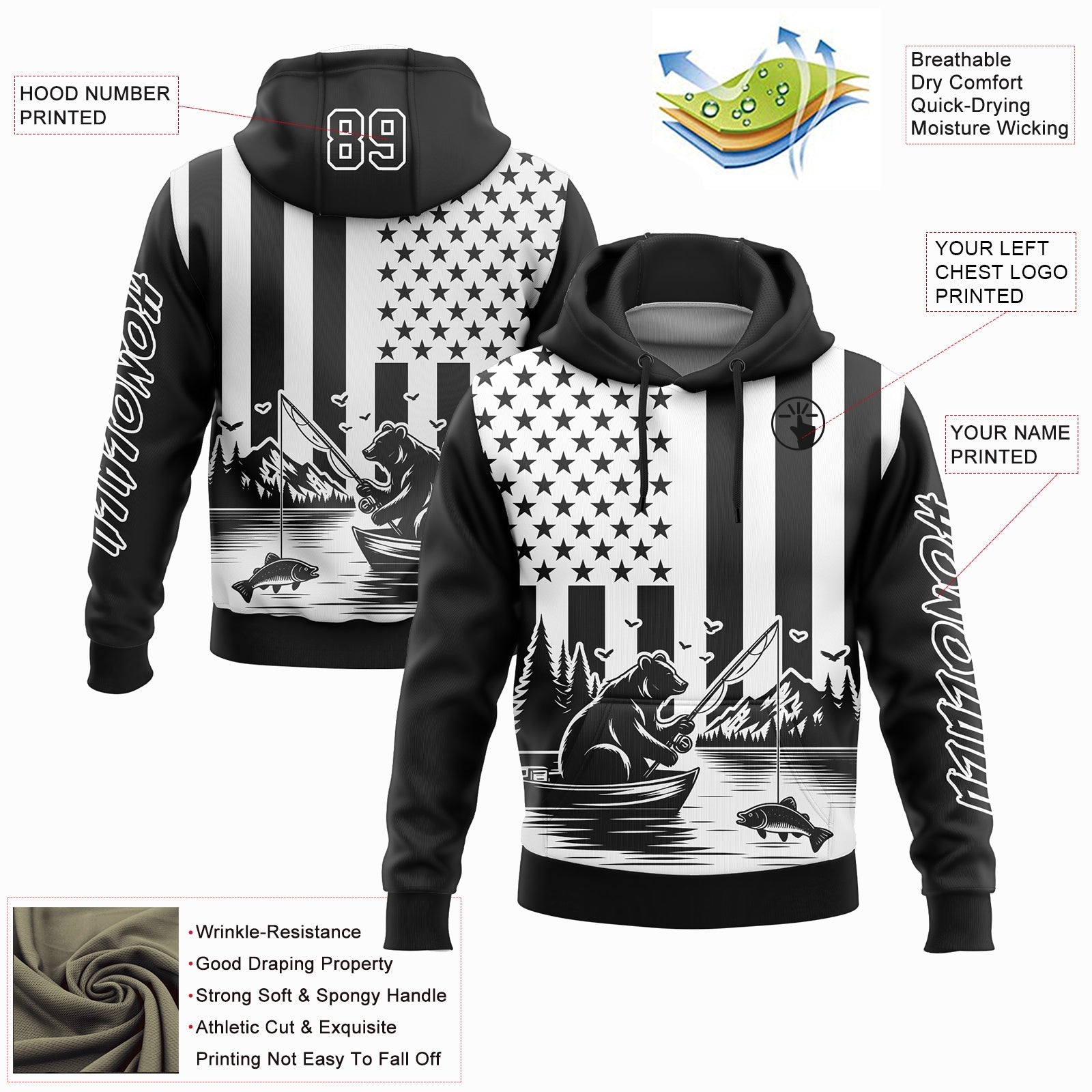 Custom Black White 3D American Flag And Fish Fishing Sports Pullover Sweatshirt Hoodie view 2