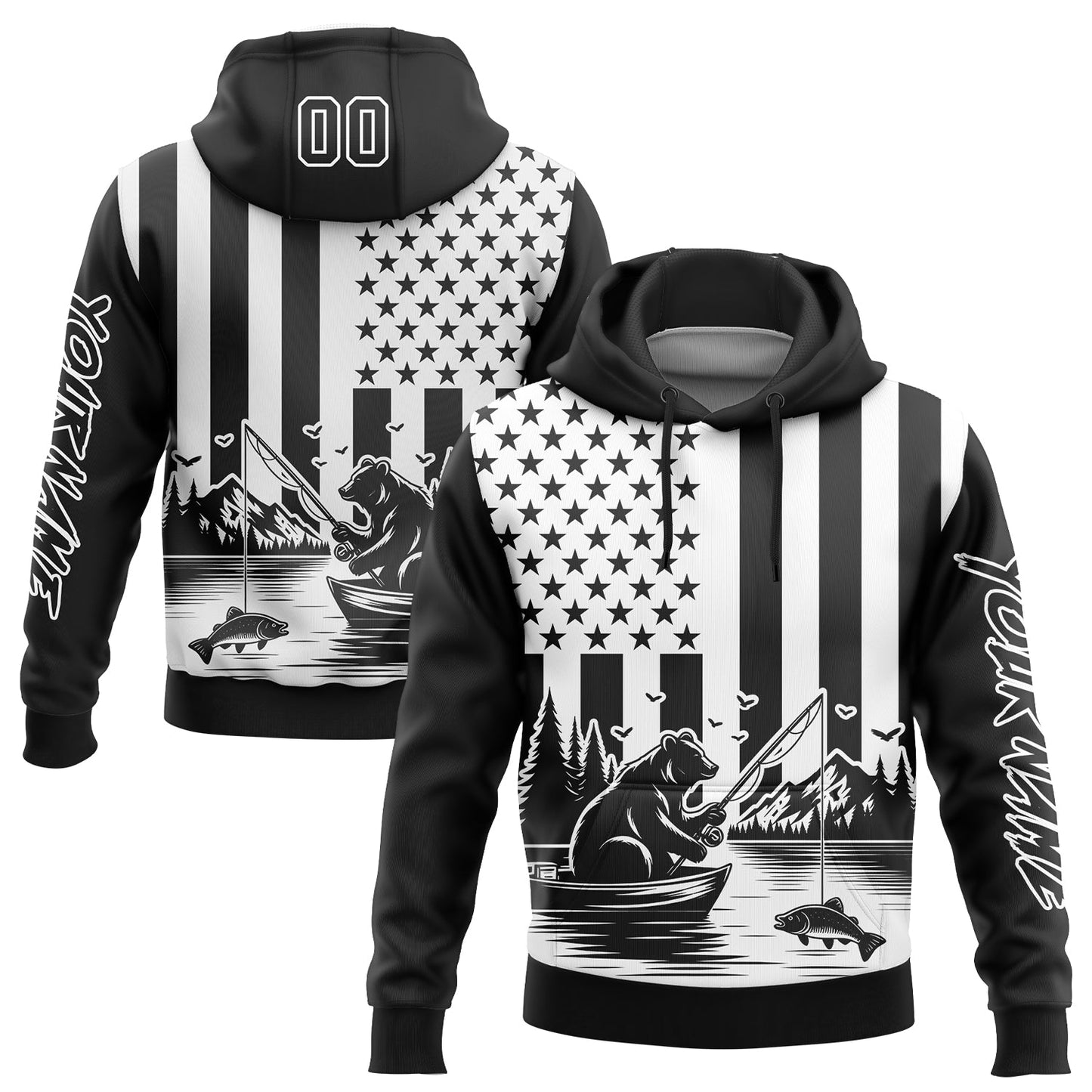 Custom Black White 3D American Flag And Fish Fishing Sports Pullover Sweatshirt Hoodie - Main View