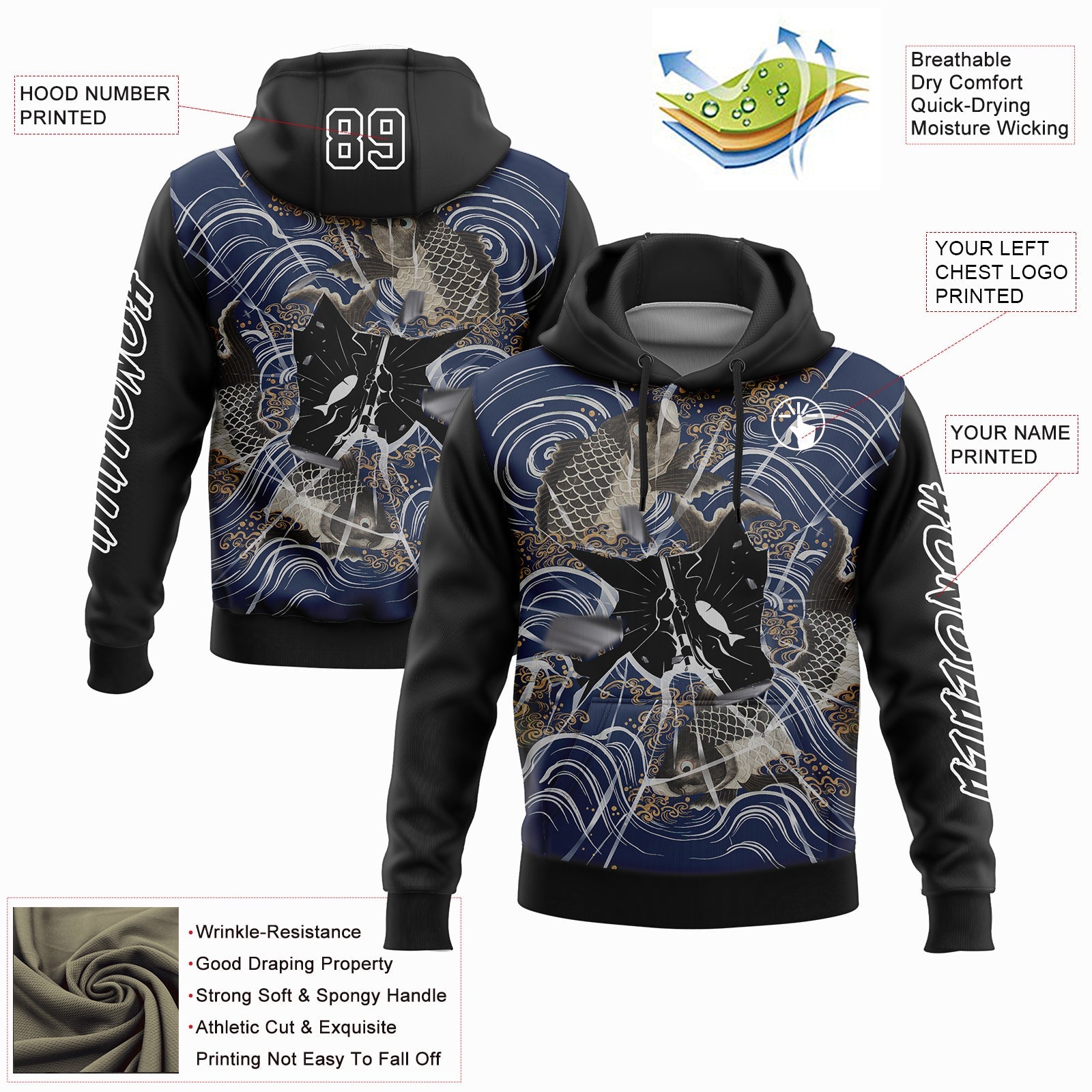 Custom Black White 3D Carp Fish Fishing Sports Pullover Sweatshirt Hoodie view 2