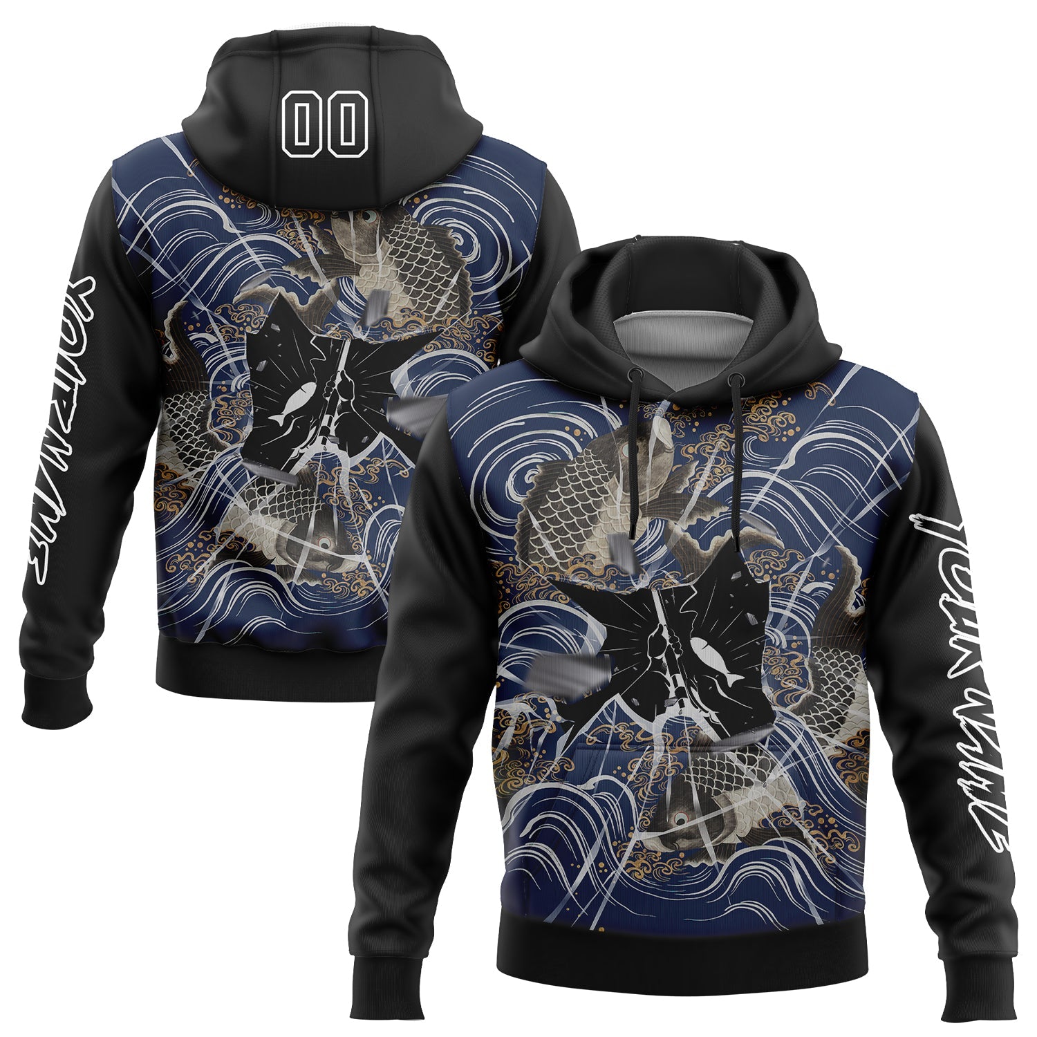 Custom Black White 3D Carp Fish Fishing Sports Pullover Sweatshirt Hoodie - Main View
