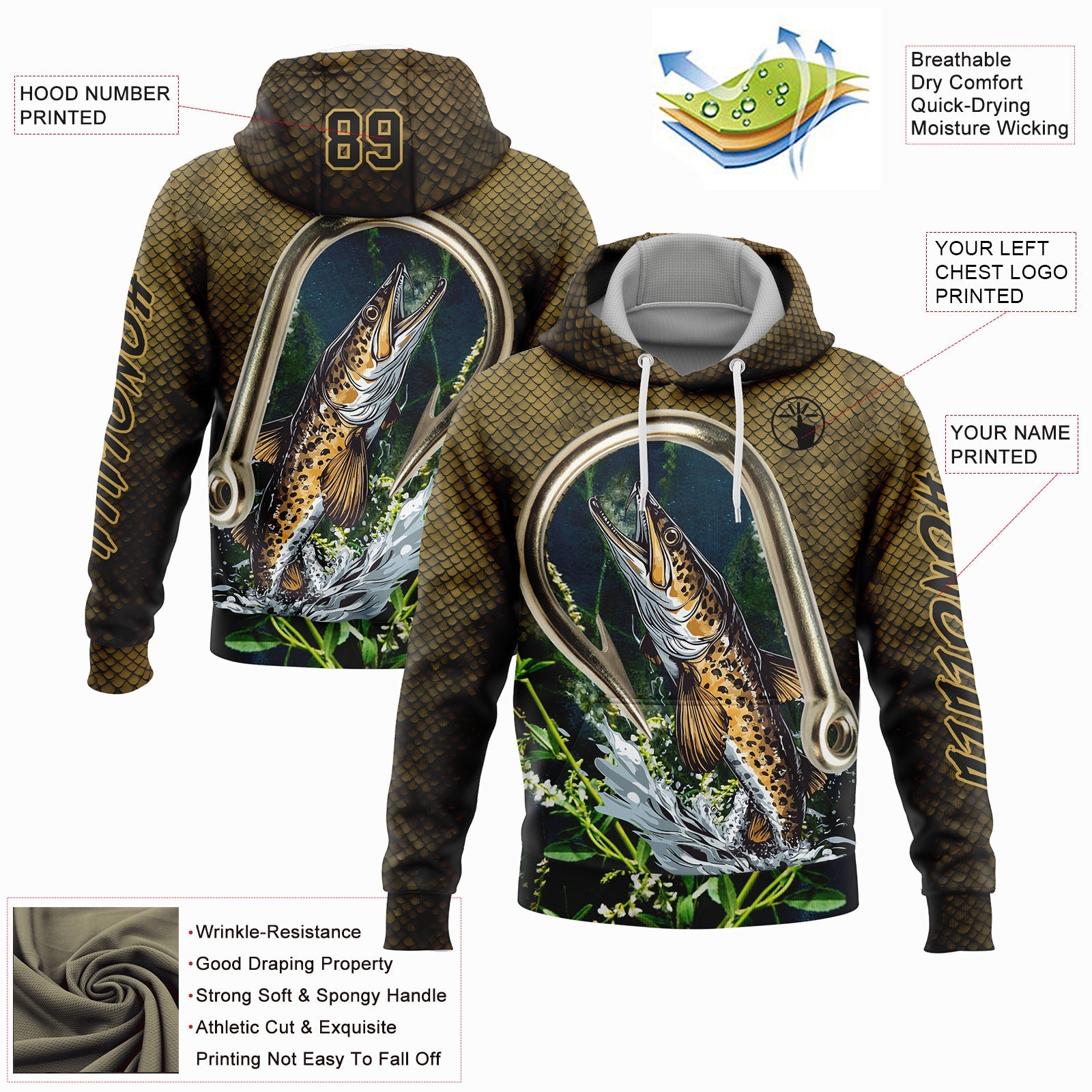 Custom Old Gold Black 3D Walleye Fish Fishing Sports Pullover Sweatshirt Hoodie view 2