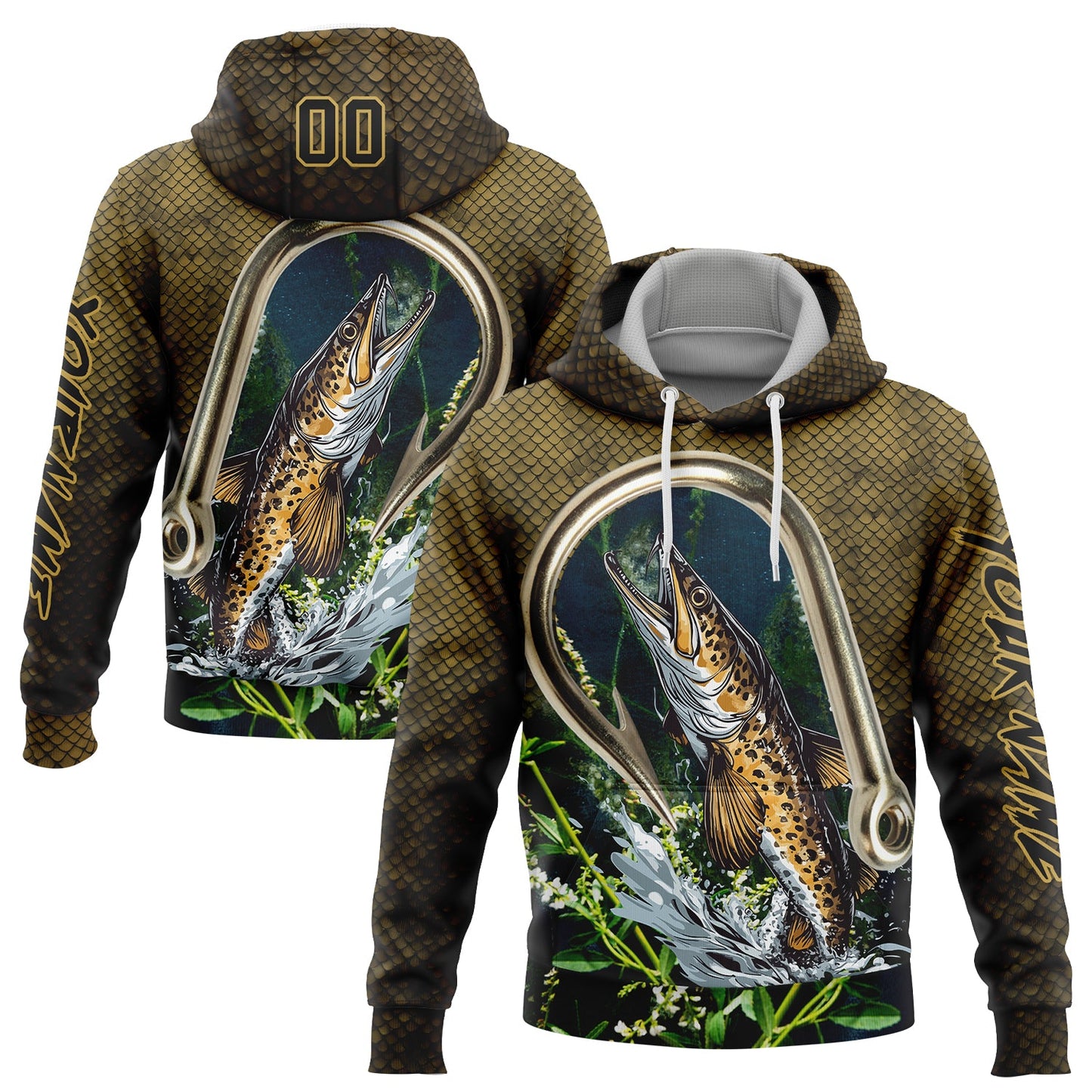 Custom Old Gold Black 3D Walleye Fish Fishing Sports Pullover Sweatshirt Hoodie - Main View