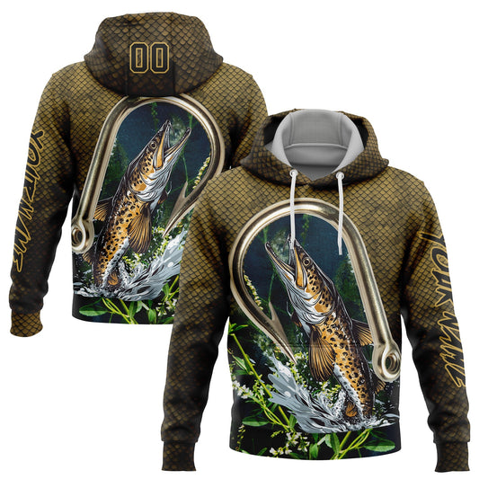 Custom Old Gold Black 3D Walleye Fish Fishing Sports Pullover Sweatshirt Hoodie - Main View