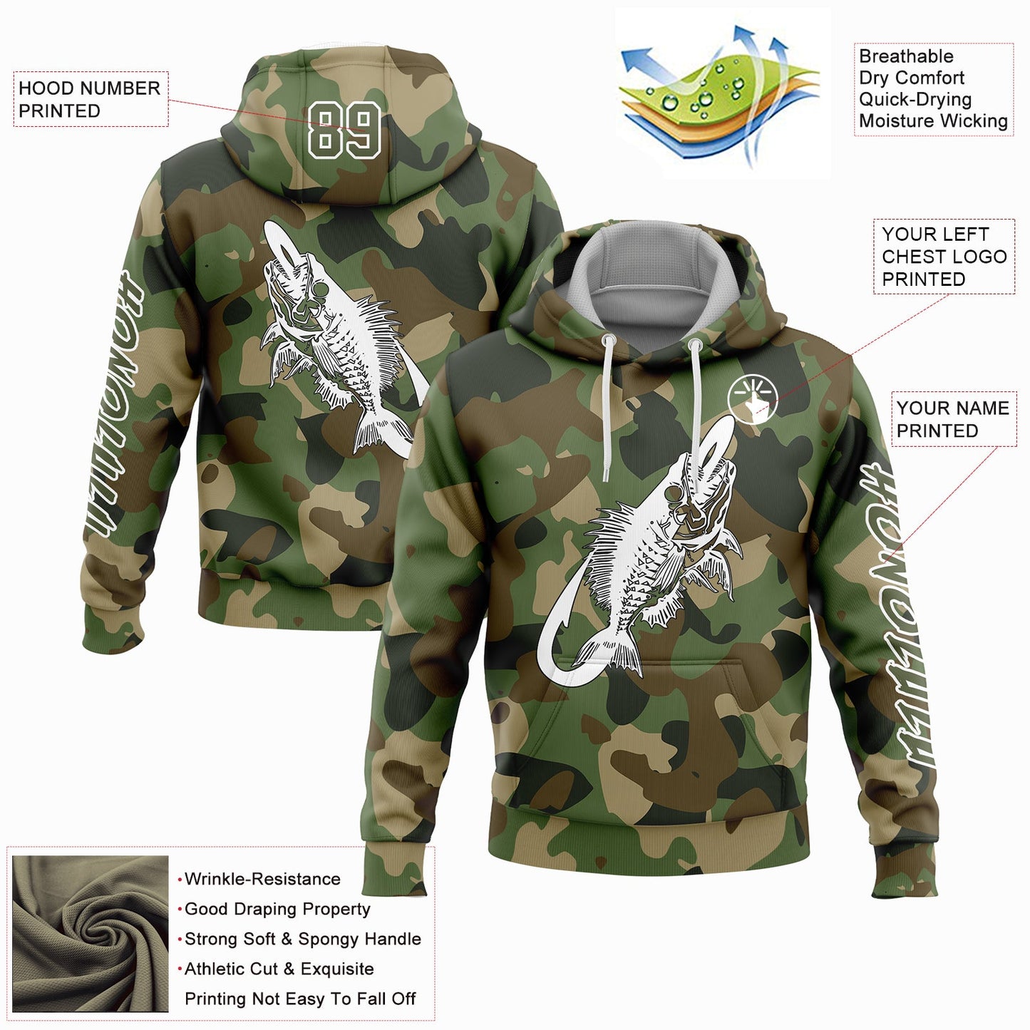 Custom Camo Olive-White 3D Fish Hook Skull Fishing Sports Pullover Sweatshirt Salute To Service Hoodie view 2