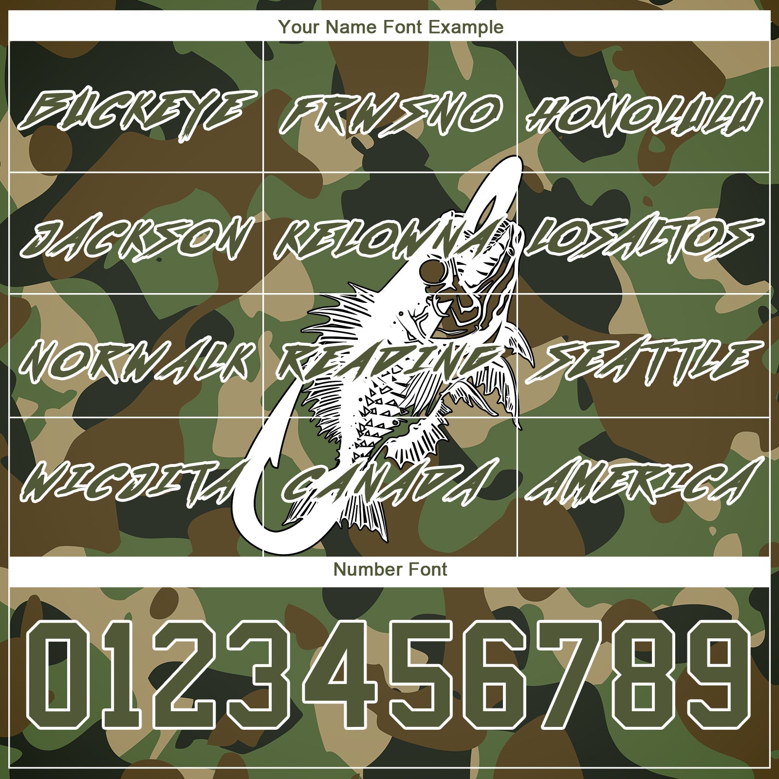 Custom Camo Olive-White 3D Fish Hook Skull Fishing Sports Pullover Sweatshirt Salute To Service Hoodie view 3