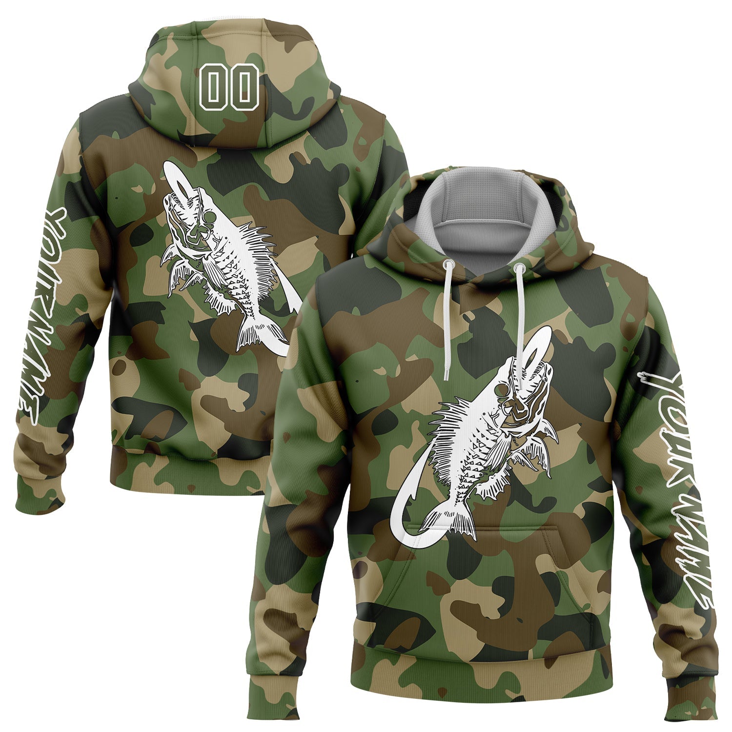 Custom Camo Olive-White 3D Fish Hook Skull Fishing Sports Pullover Sweatshirt Salute To Service Hoodie - Main View