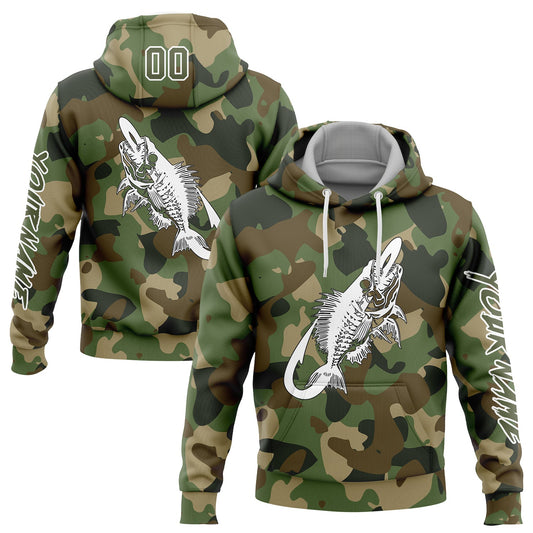 Custom Camo Olive-White 3D Fish Hook Skull Fishing Sports Pullover Sweatshirt Salute To Service Hoodie - Main View