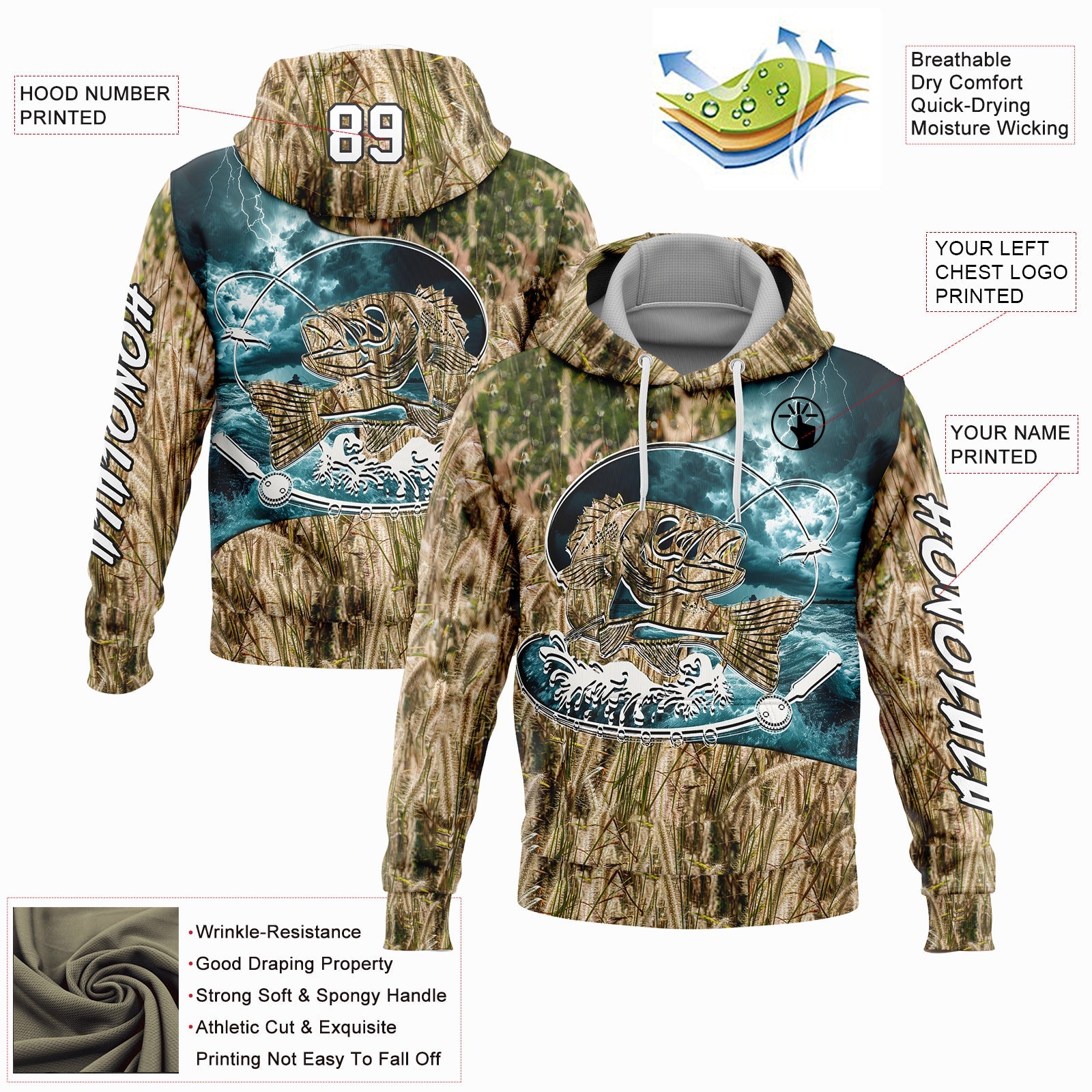 Custom City Cream White-Black 3D Smallmouth Bass Fish Fishing Sports Pullover Sweatshirt Hoodie view 2