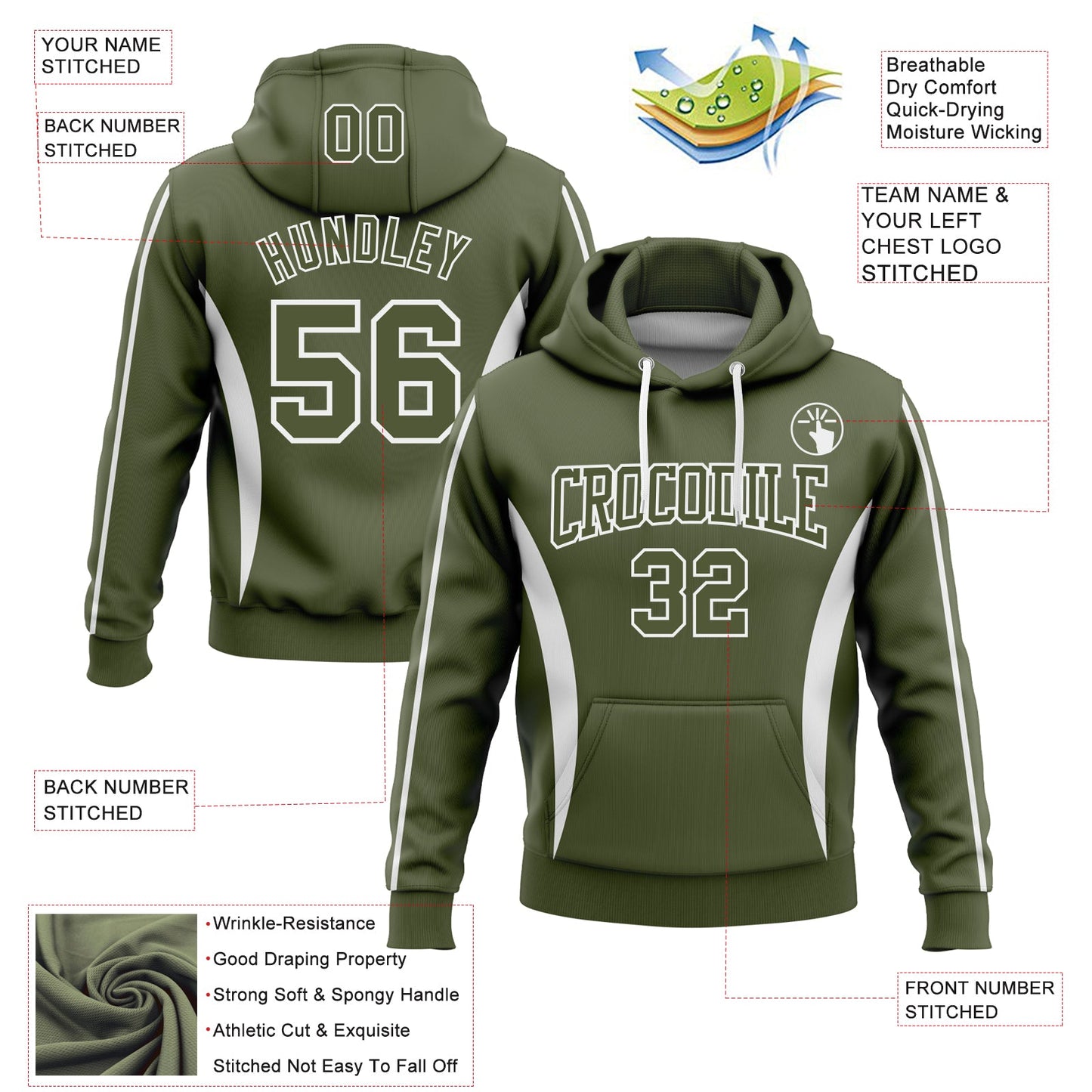 Custom Stitched Olive White 3D Pattern Design Color Blocking Stripe Sports Pullover Sweatshirt Hoodie view 2
