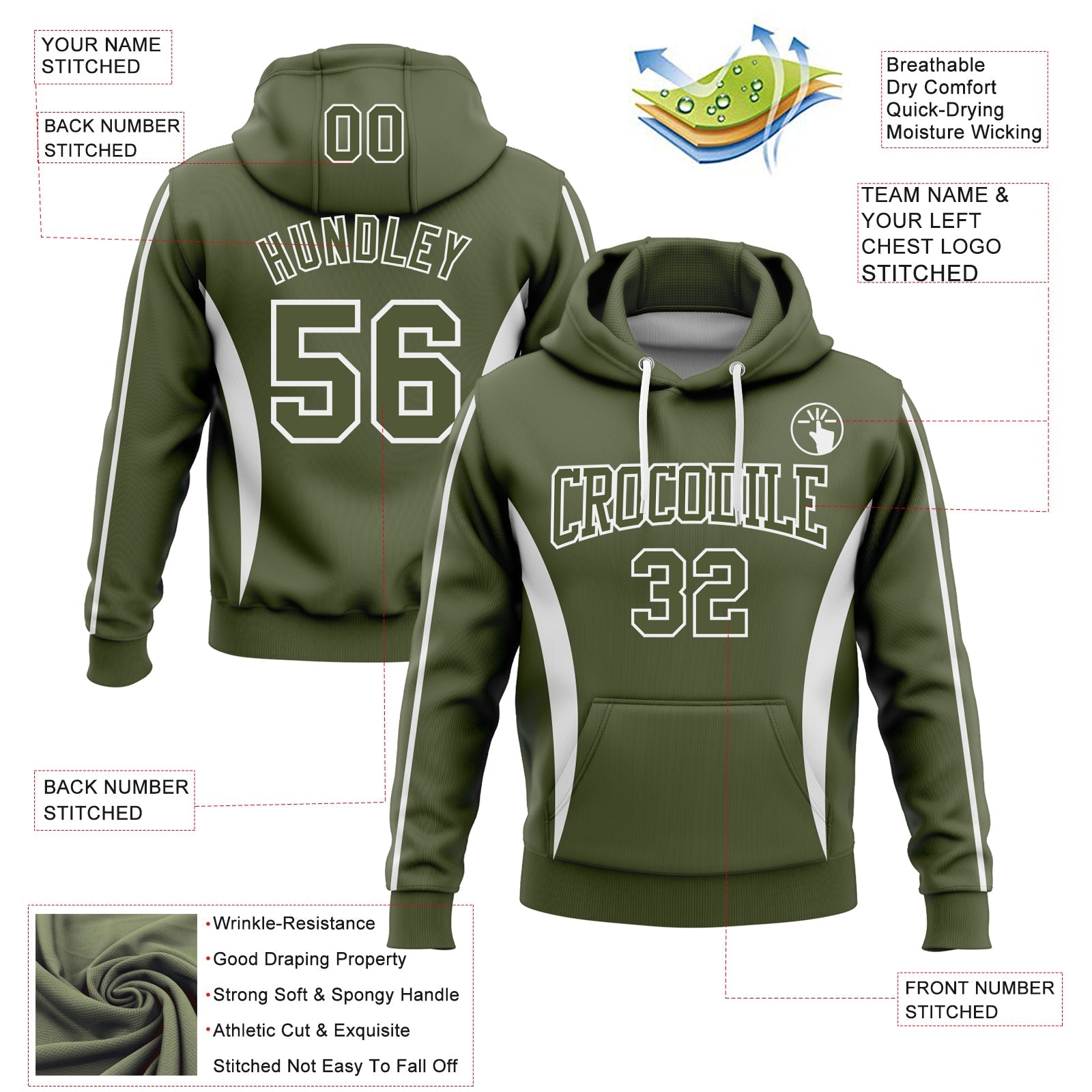 Custom Stitched Olive White 3D Pattern Design Color Blocking Stripe Sports Pullover Sweatshirt Hoodie view 2