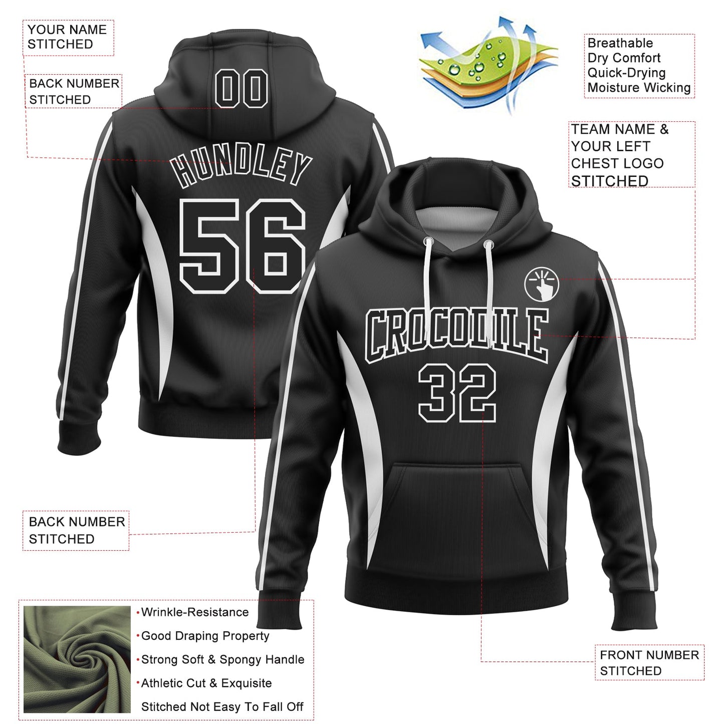 Custom Stitched Black White 3D Pattern Design Color Blocking Stripe Sports Pullover Sweatshirt Hoodie view 2