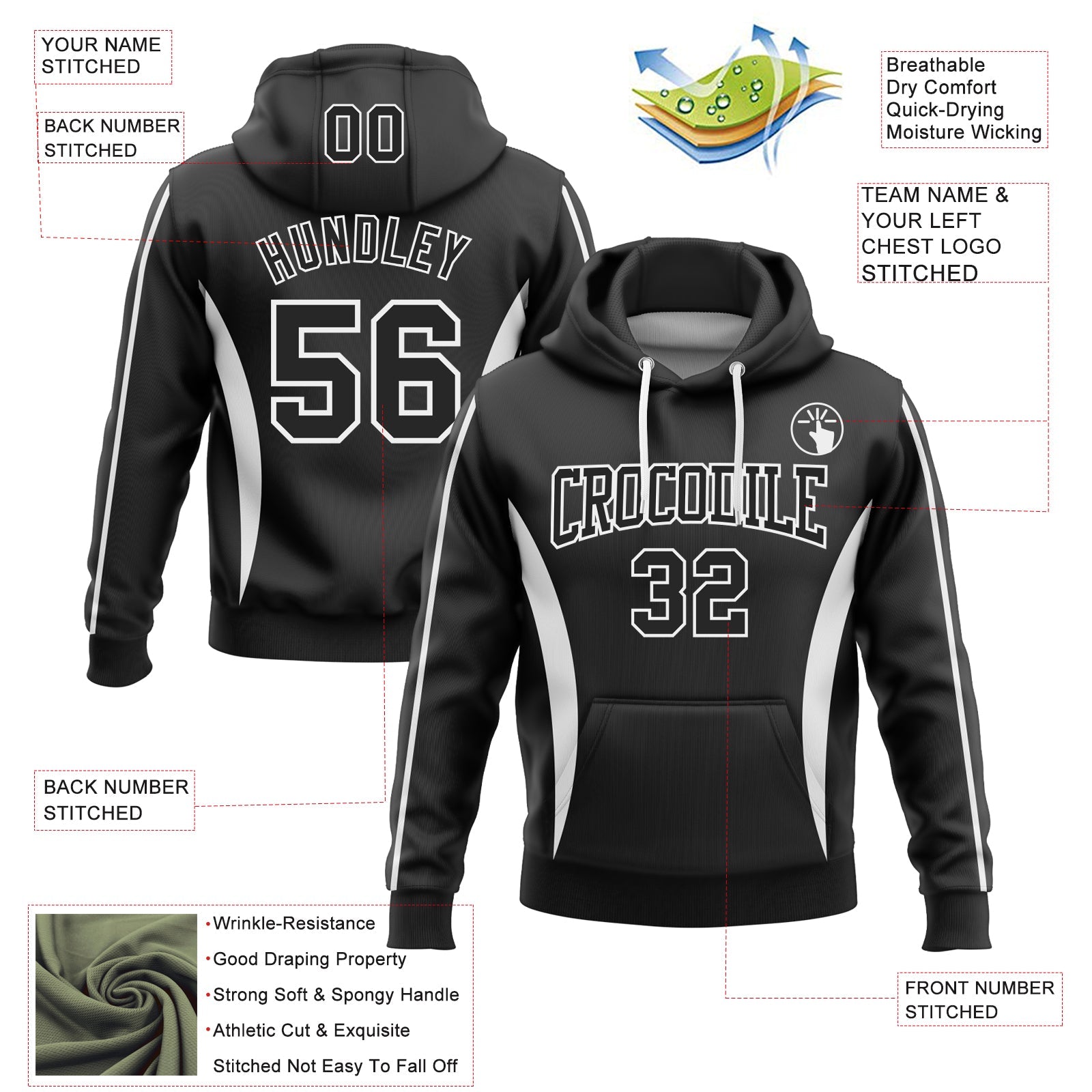 Custom Stitched Black White 3D Pattern Design Color Blocking Stripe Sports Pullover Sweatshirt Hoodie view 2