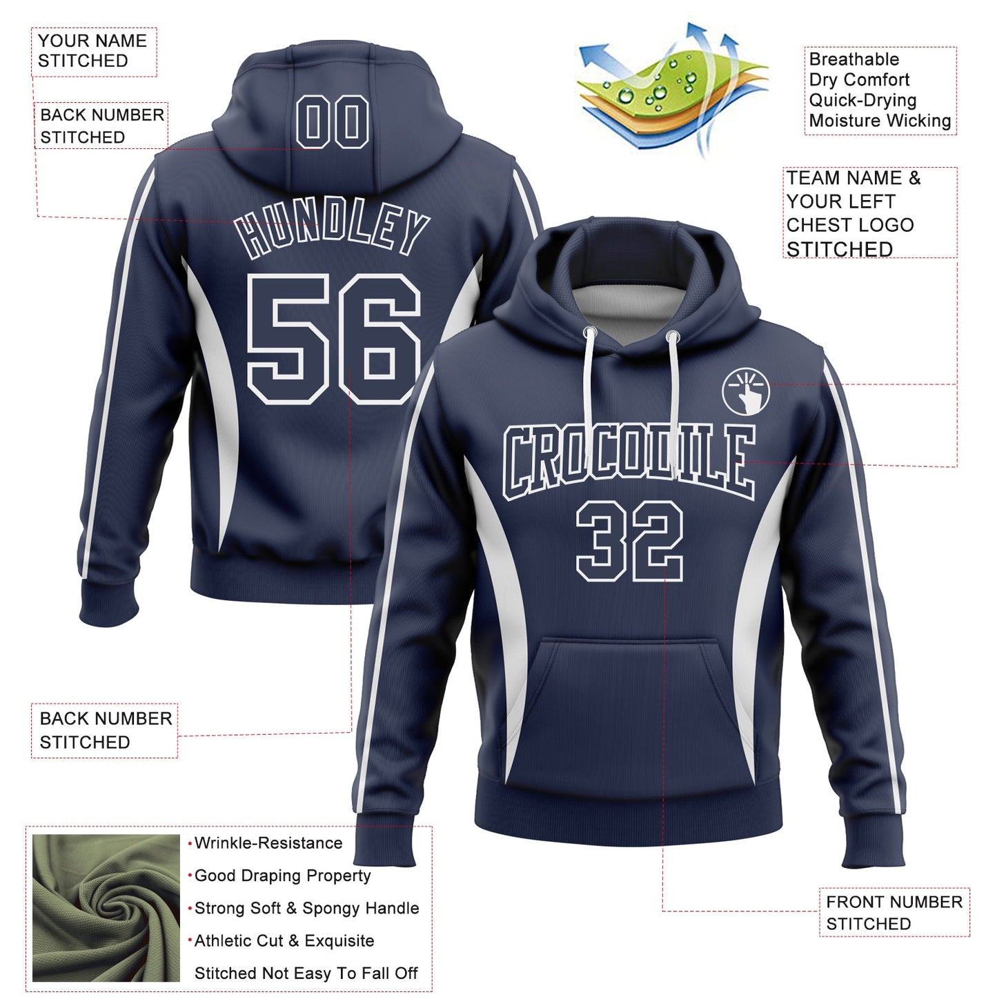 Custom Stitched Navy White 3D Pattern Design Color Blocking Stripe Sports Pullover Sweatshirt Hoodie view 2