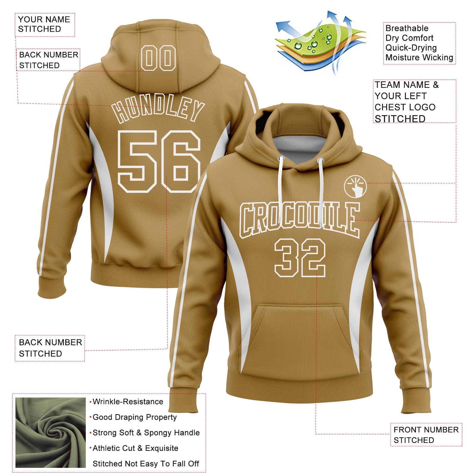 Custom Stitched Old Gold White 3D Pattern Design Color Blocking Stripe Sports Pullover Sweatshirt Hoodie view 2