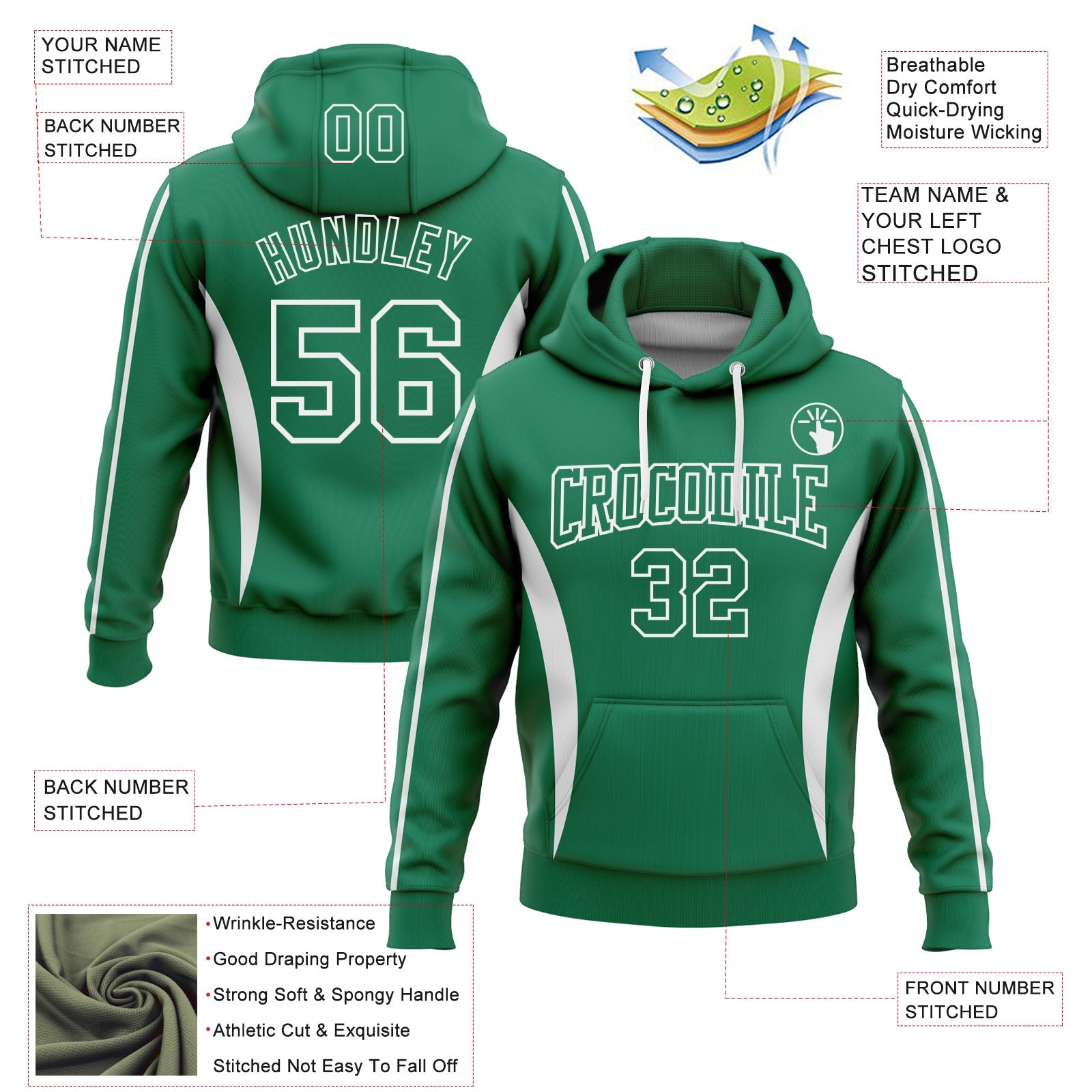 Custom Stitched Kelly Green White 3D Pattern Design Color Blocking Stripe Sports Pullover Sweatshirt Hoodie view 2