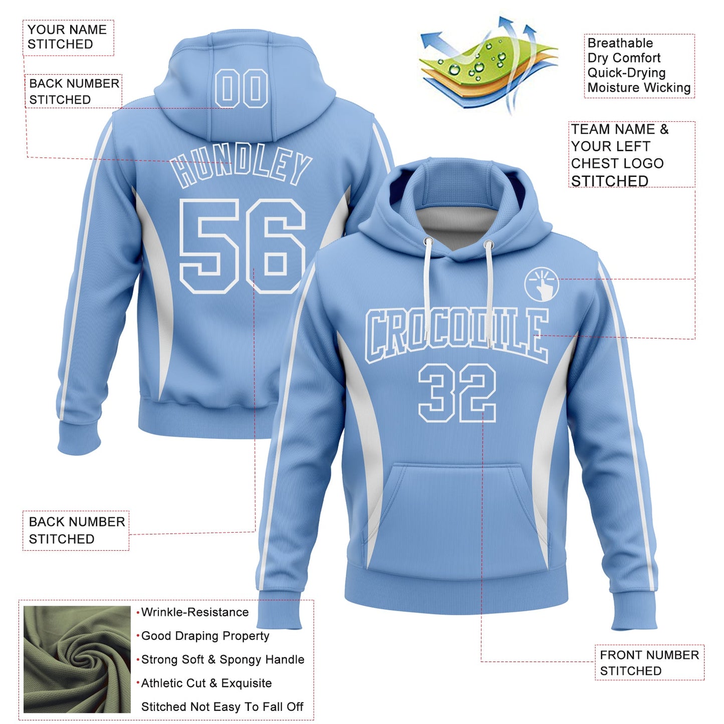 Custom Stitched Light Blue White 3D Pattern Design Color Blocking Stripe Sports Pullover Sweatshirt Hoodie view 2
