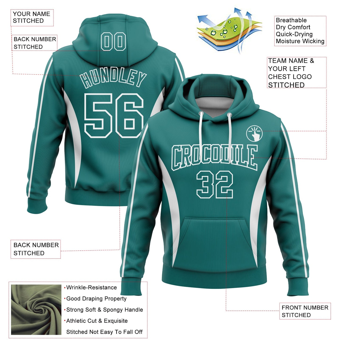 Custom Stitched Teal White 3D Pattern Design Color Blocking Stripe Sports Pullover Sweatshirt Hoodie view 2