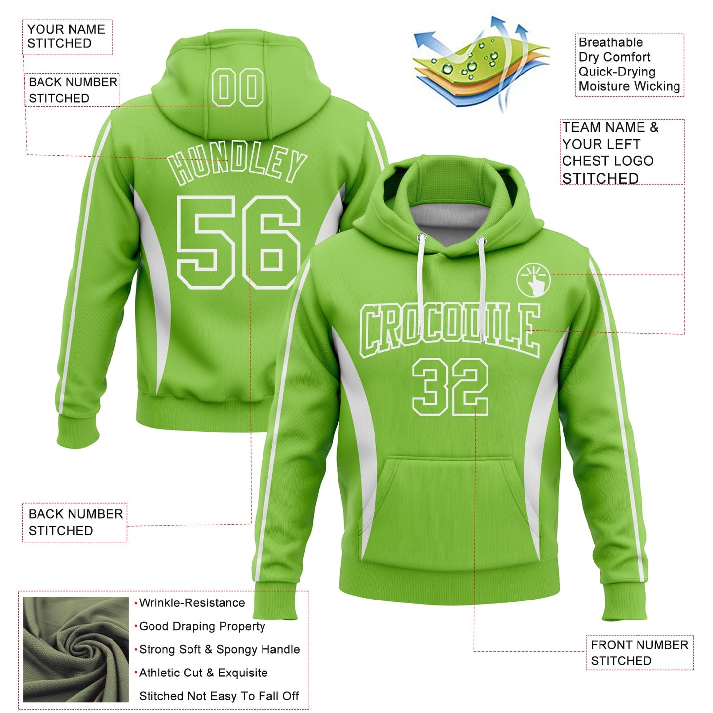 Custom Stitched Neon Green White 3D Pattern Design Color Blocking Stripe Sports Pullover Sweatshirt Hoodie view 2