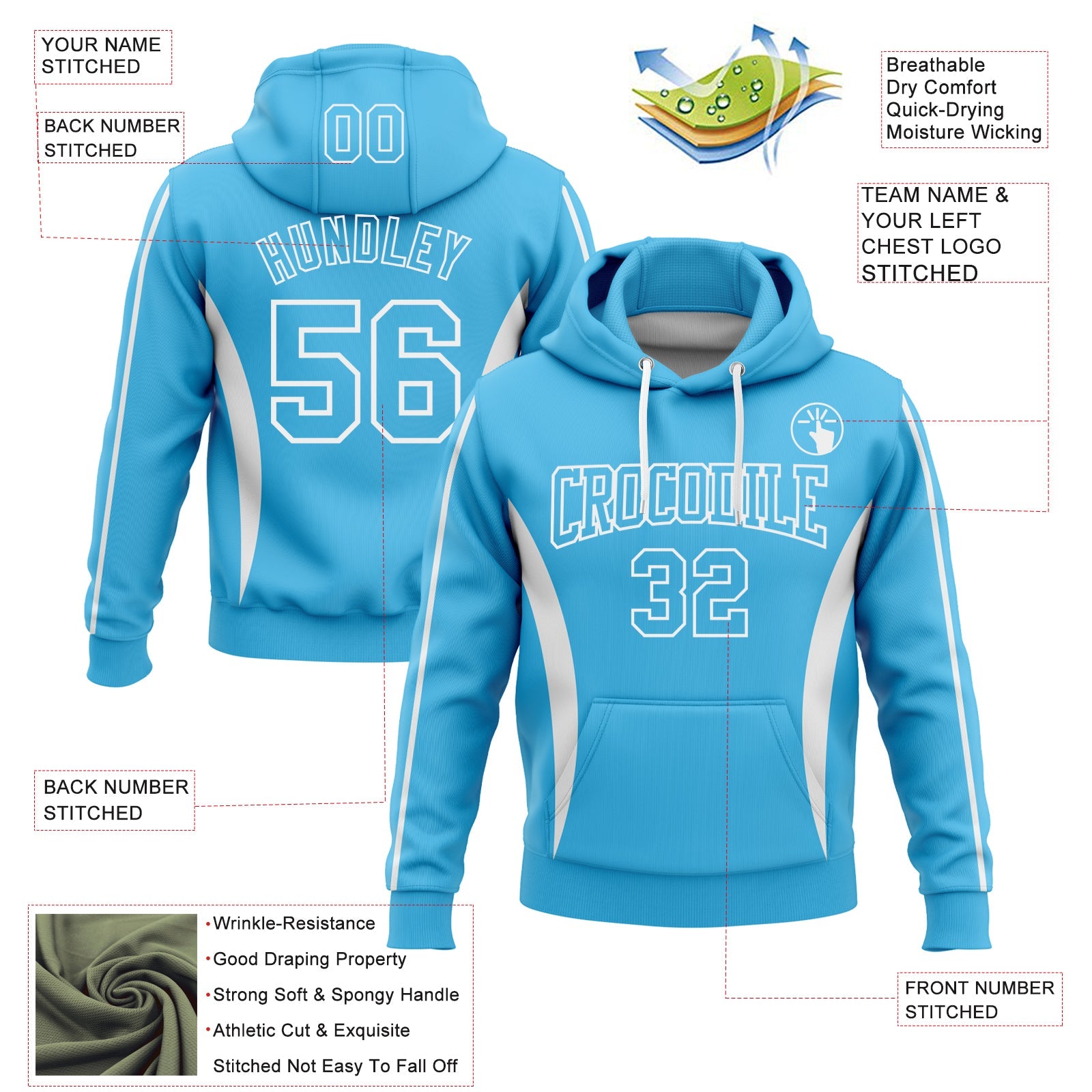 Custom Stitched Sky Blue White 3D Pattern Design Color Blocking Stripe Sports Pullover Sweatshirt Hoodie view 2