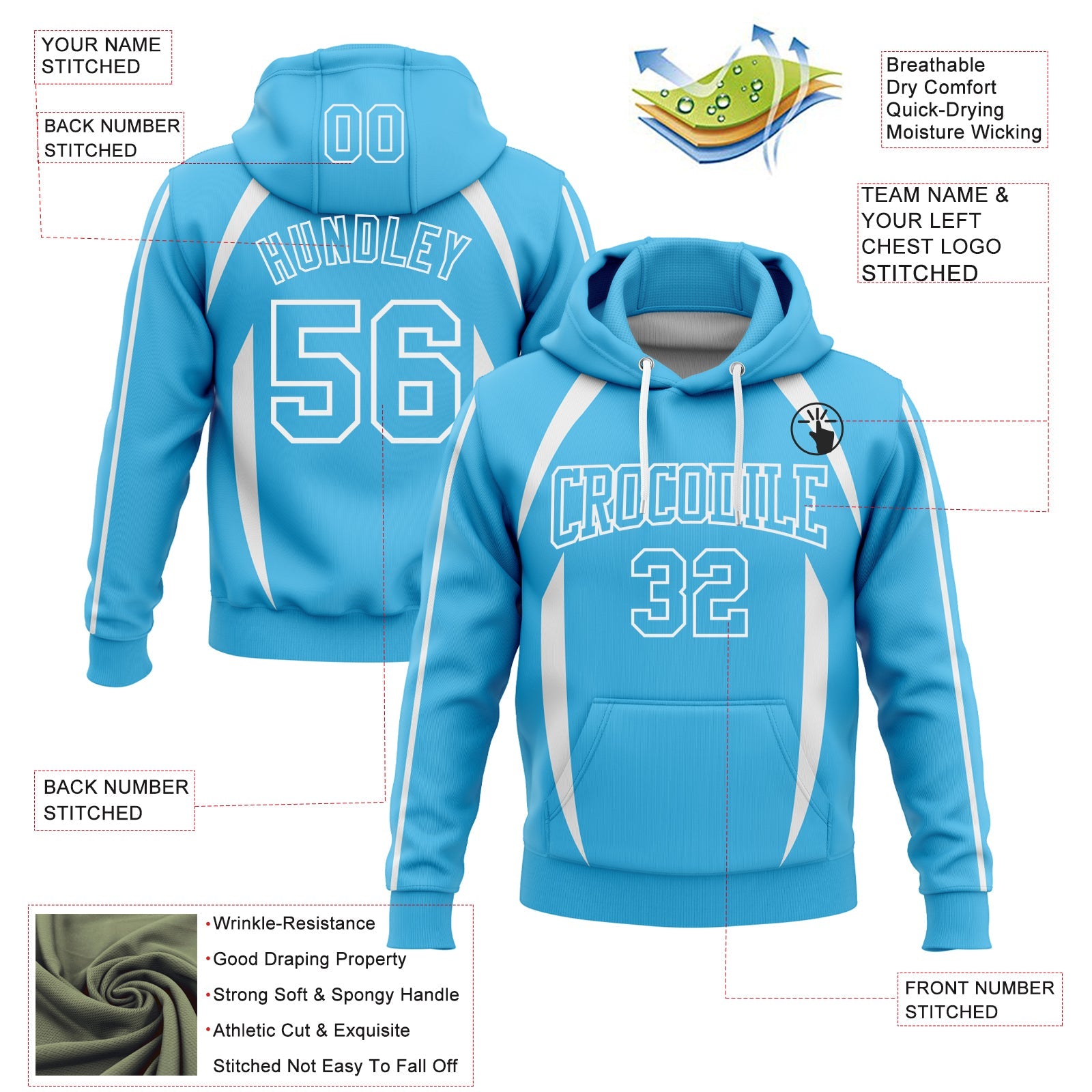 Custom Stitched Sky Blue White 3D Pattern Design Contrast Color Stripe Sports Pullover Sweatshirt Hoodie view 2