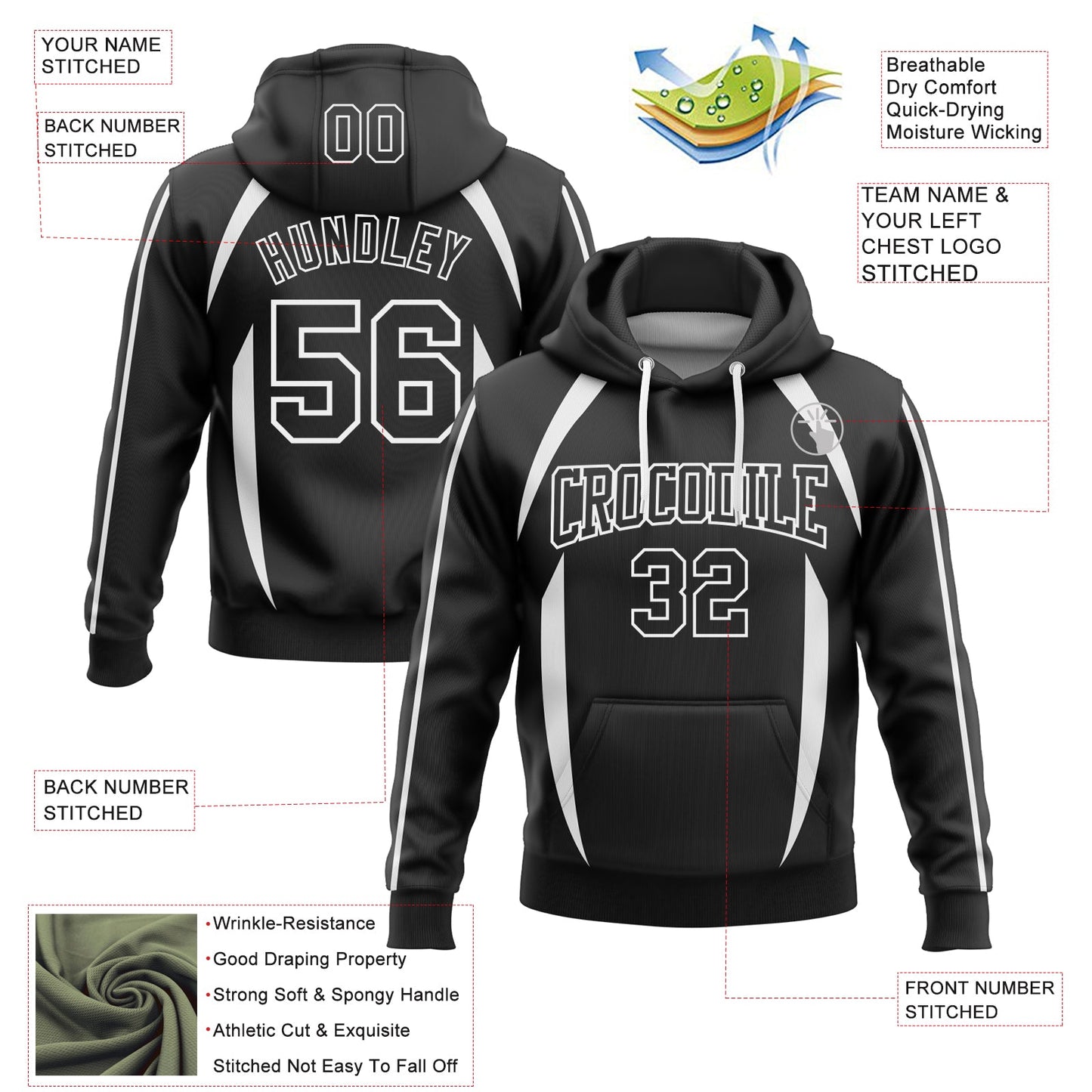 Custom Stitched Black White 3D Pattern Design Contrast Color Stripe Sports Pullover Sweatshirt Hoodie view 2