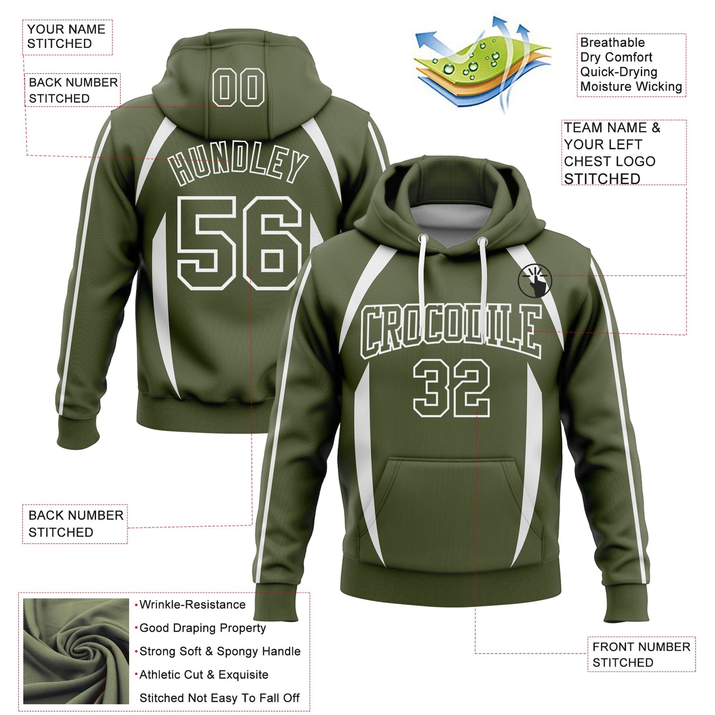 Custom Stitched Olive White 3D Pattern Design Contrast Color Stripe Sports Pullover Sweatshirt Hoodie view 2