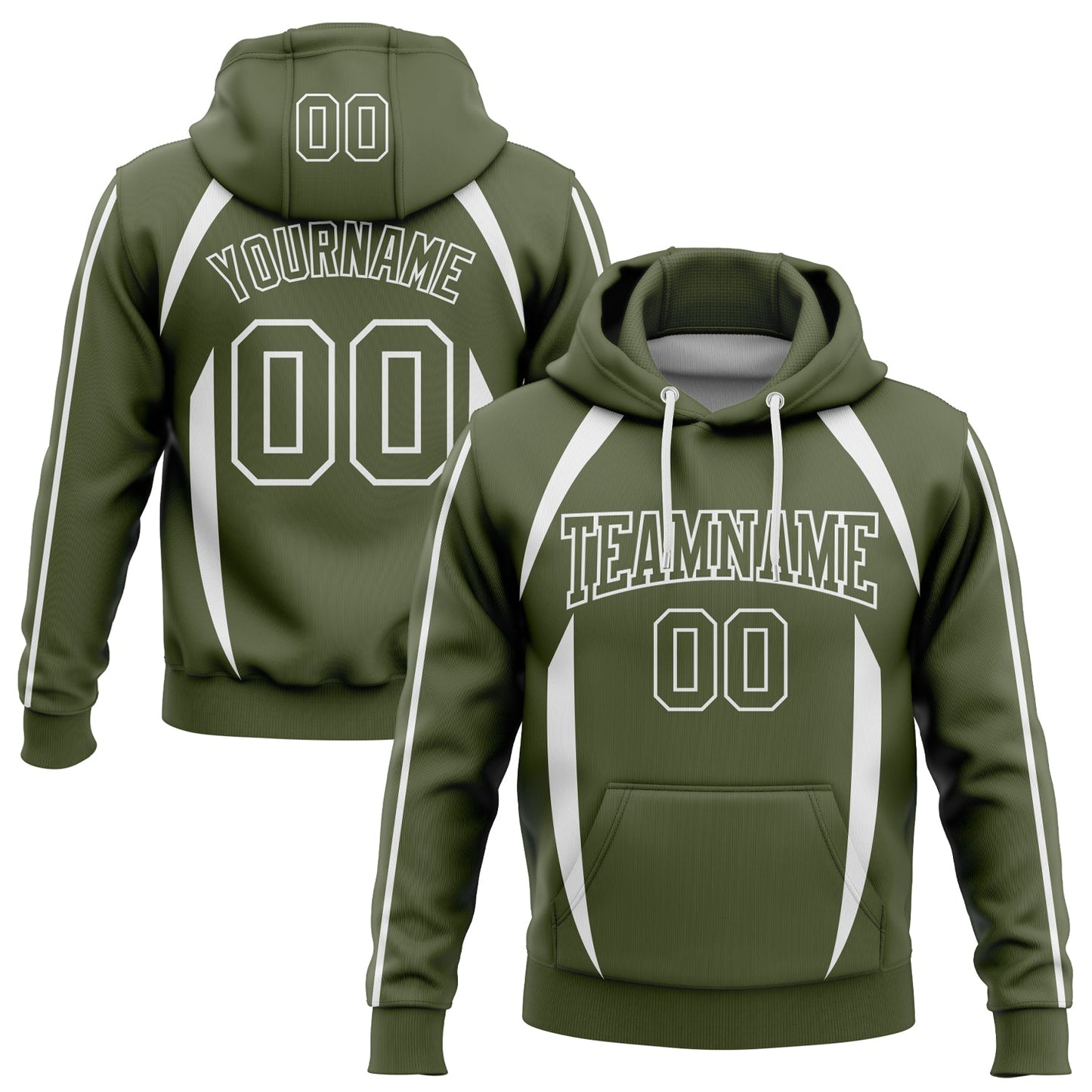 Custom Stitched Olive White 3D Pattern Design Contrast Color Stripe Sports Pullover Sweatshirt Hoodie - Main View