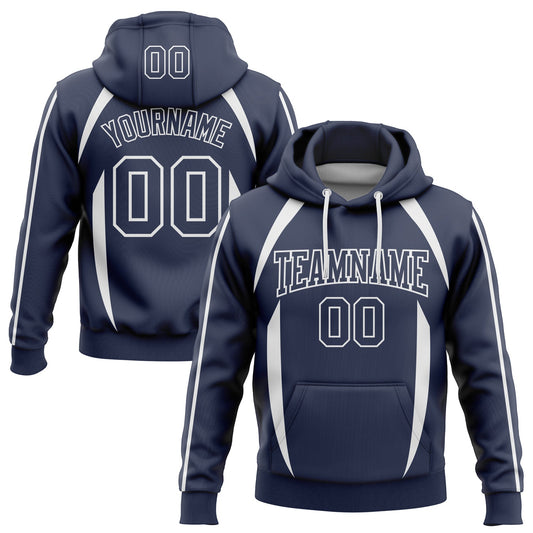 Custom Stitched Navy White 3D Pattern Design Contrast Color Stripe Sports Pullover Sweatshirt Hoodie - Main View