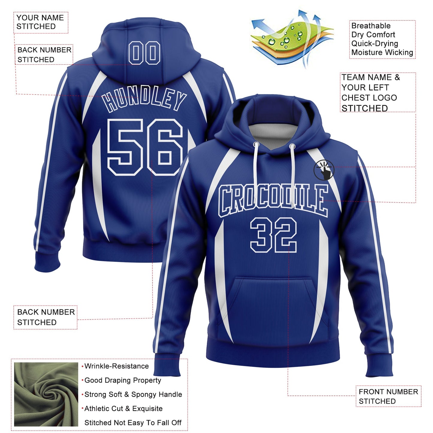 Custom Stitched Royal White 3D Pattern Design Contrast Color Stripe Sports Pullover Sweatshirt Hoodie view 2