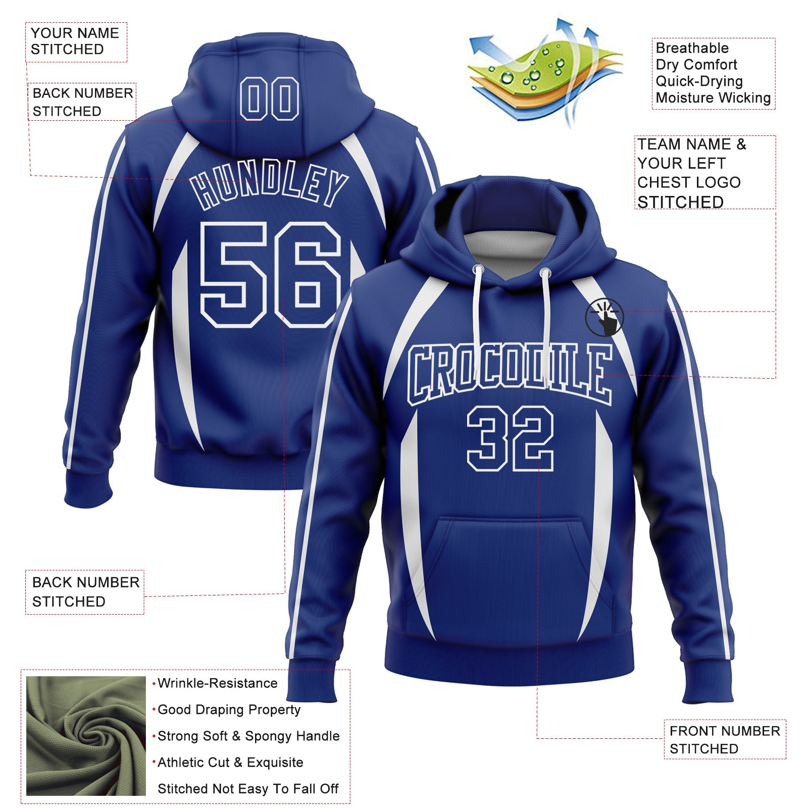 Custom Stitched Royal White 3D Pattern Design Contrast Color Stripe Sports Pullover Sweatshirt Hoodie view 2