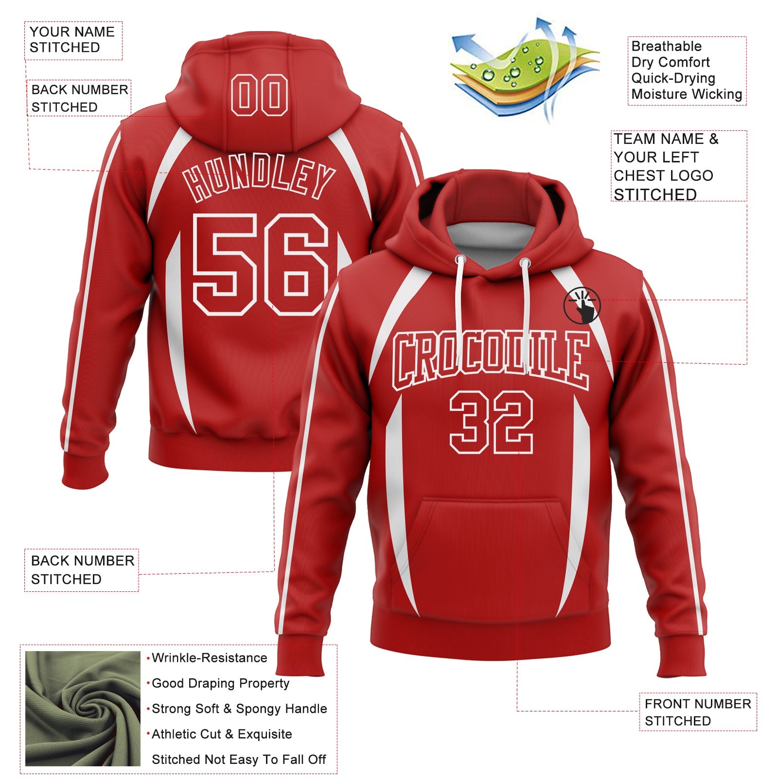 Custom Stitched Red White 3D Pattern Design Contrast Color Stripe Sports Pullover Sweatshirt Hoodie view 2