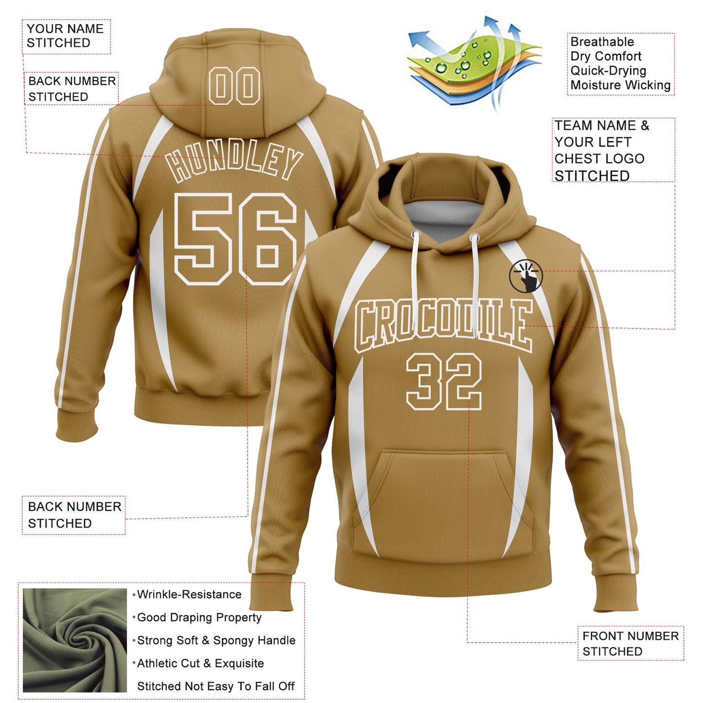 Custom Stitched Old Gold White 3D Pattern Design Contrast Color Stripe Sports Pullover Sweatshirt Hoodie view 2