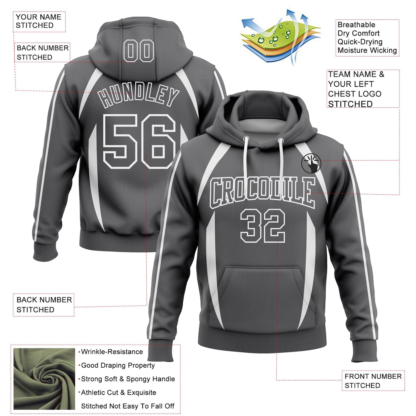 Custom Stitched Steel Gray White 3D Pattern Design Contrast Color Stripe Sports Pullover Sweatshirt Hoodie view 2