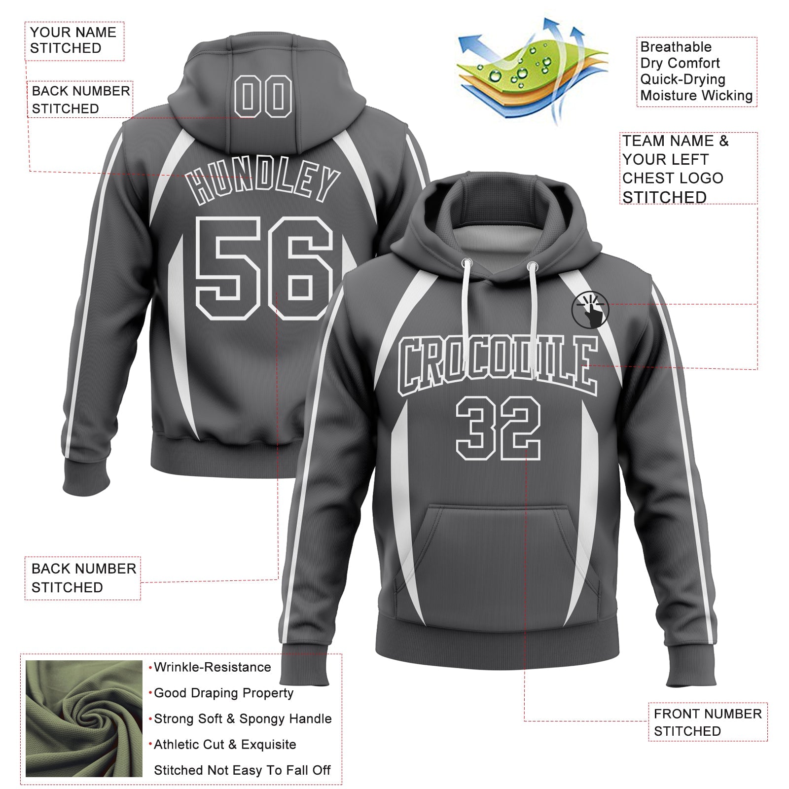 Custom Stitched Steel Gray White 3D Pattern Design Contrast Color Stripe Sports Pullover Sweatshirt Hoodie view 2