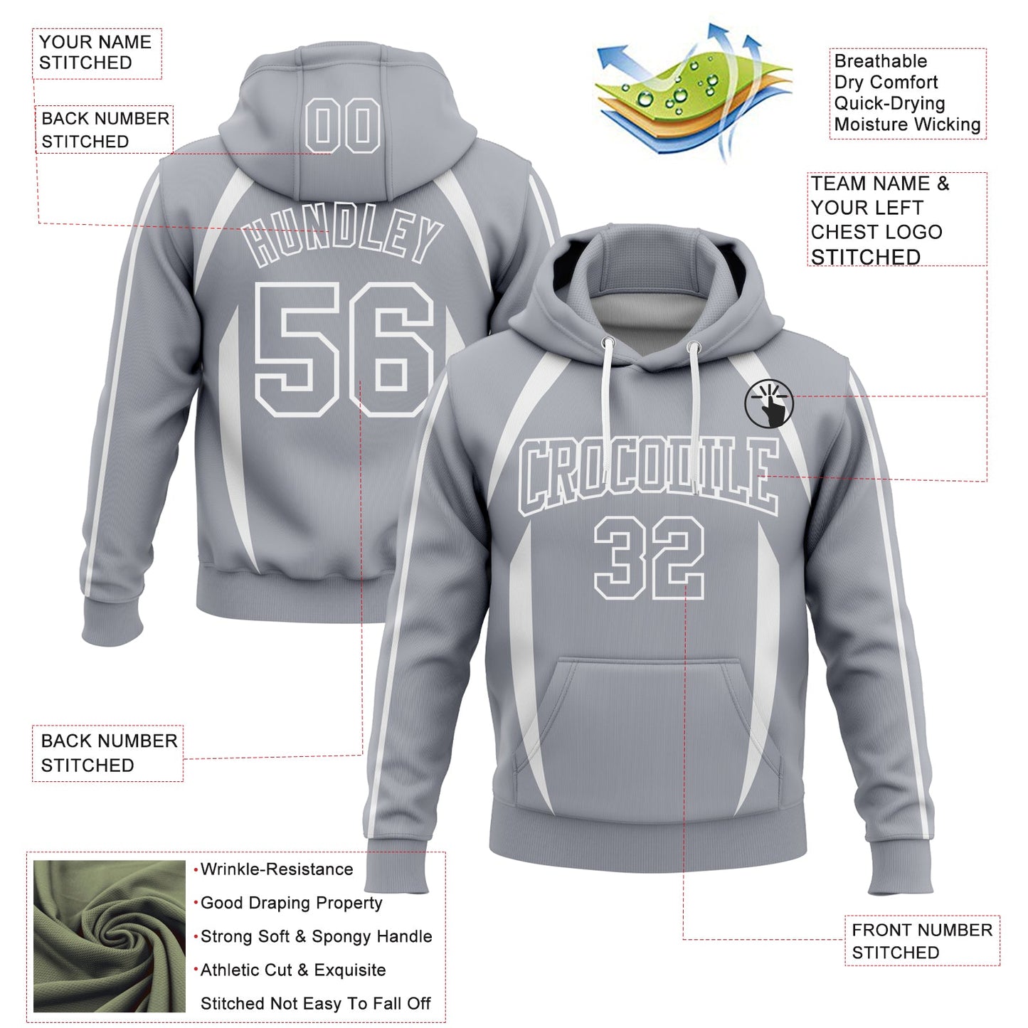 Custom Stitched Gray White 3D Pattern Design Contrast Color Stripe Sports Pullover Sweatshirt Hoodie view 2