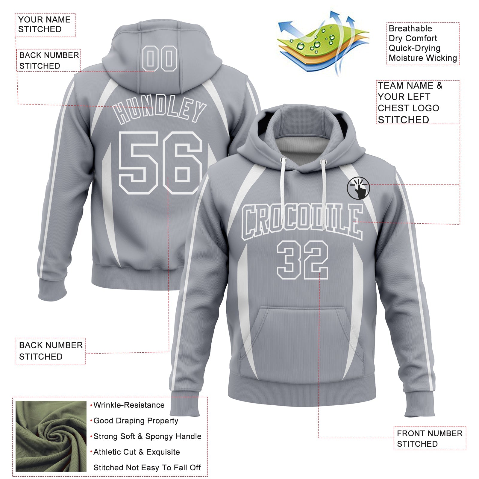 Custom Stitched Gray White 3D Pattern Design Contrast Color Stripe Sports Pullover Sweatshirt Hoodie view 2