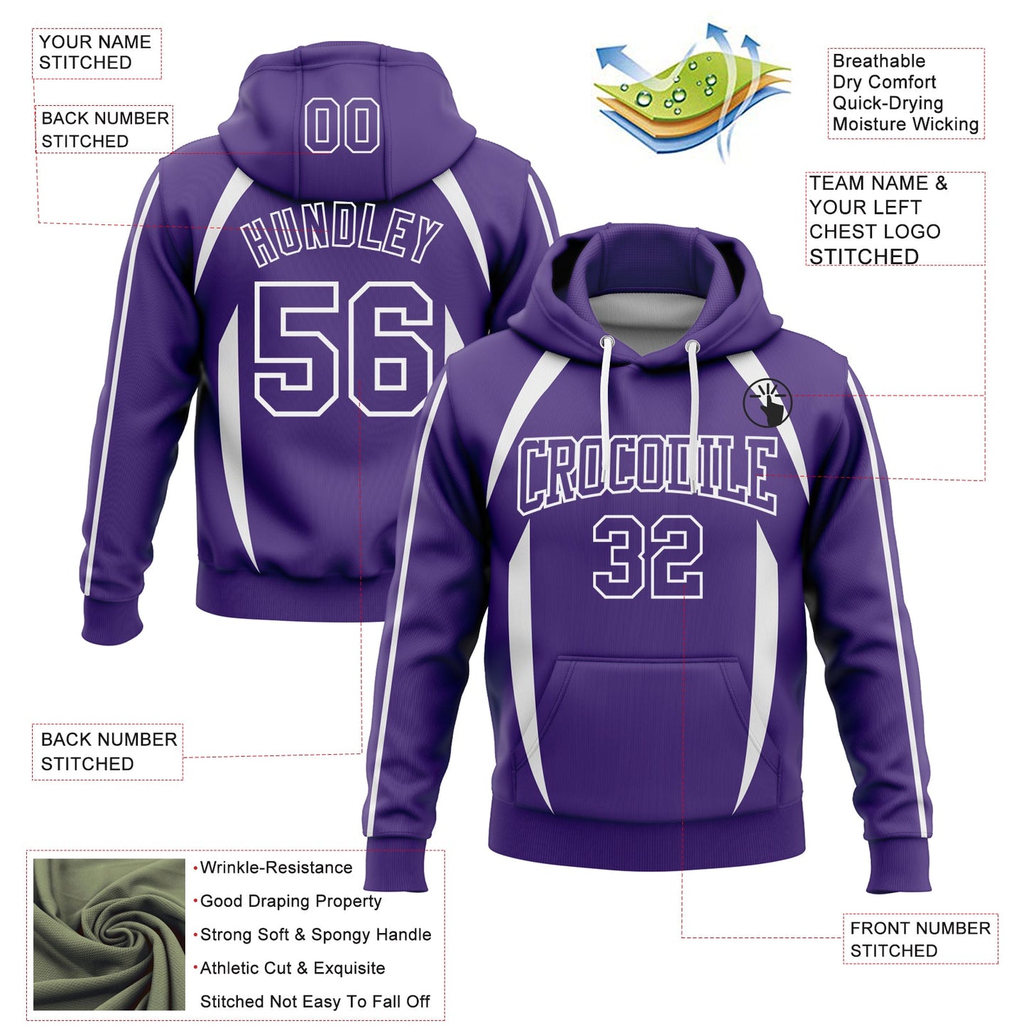 Custom Stitched Purple White 3D Pattern Design Contrast Color Stripe Sports Pullover Sweatshirt Hoodie view 2