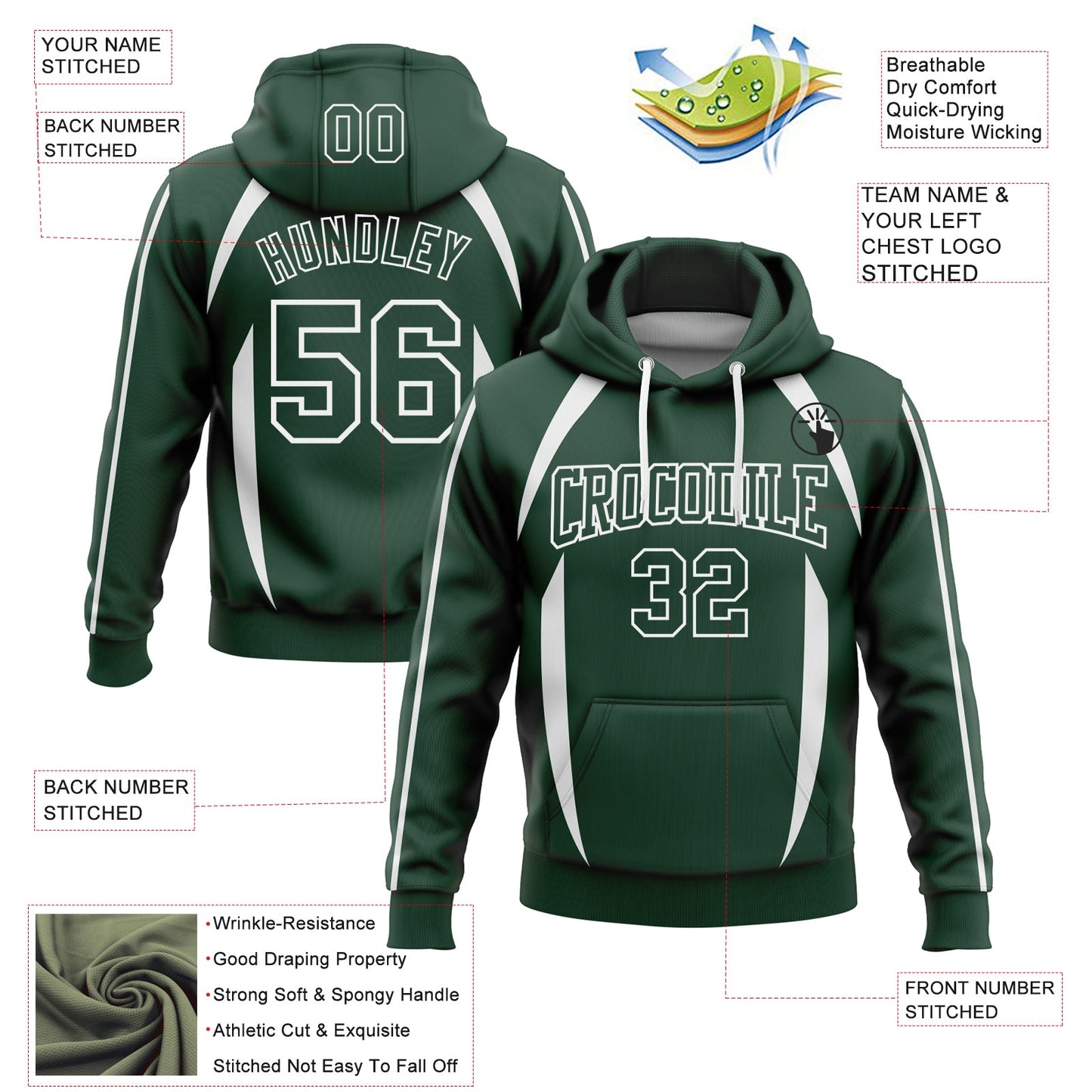 Custom Stitched Green White 3D Pattern Design Contrast Color Stripe Sports Pullover Sweatshirt Hoodie view 2