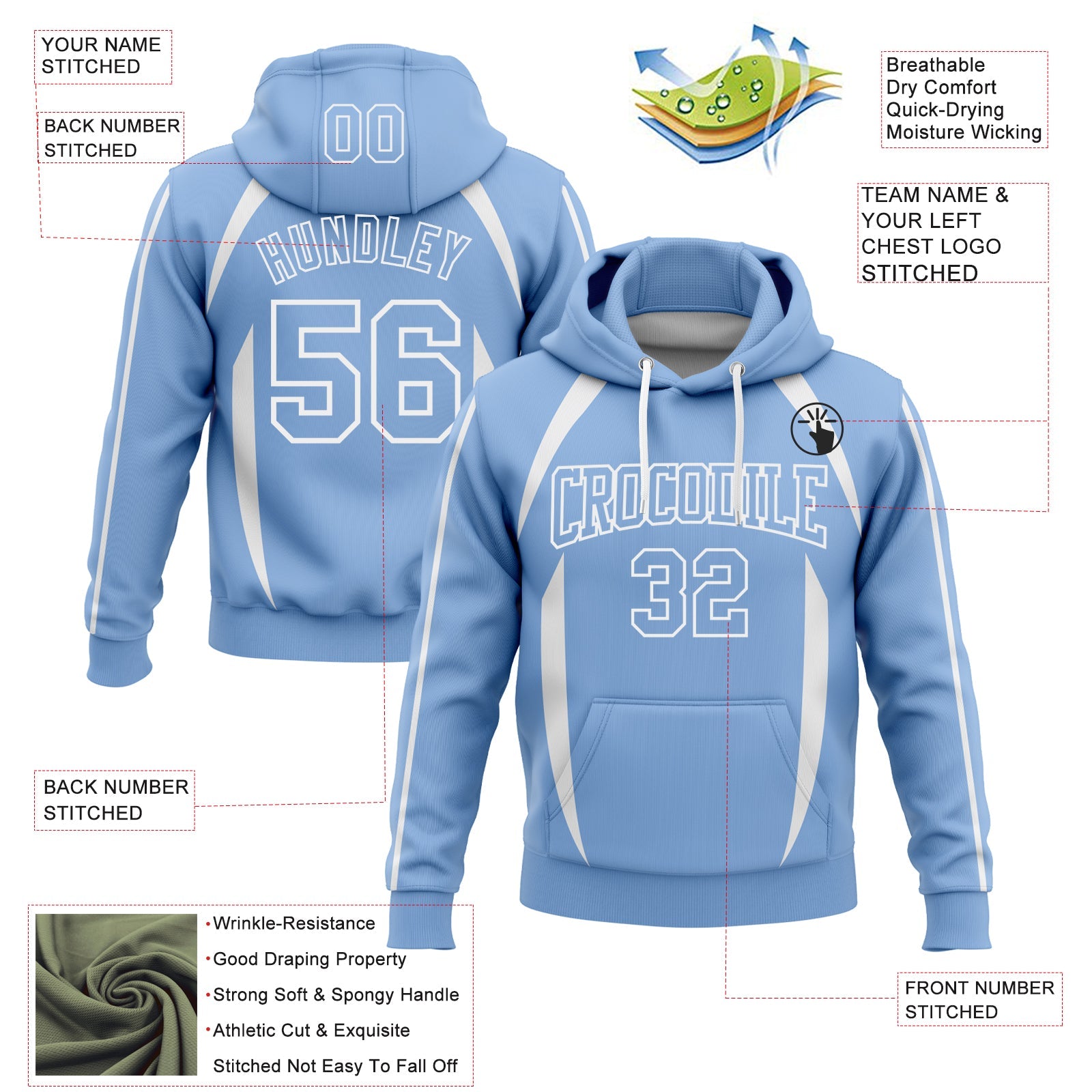 Custom Stitched Light Blue White 3D Pattern Design Contrast Color Stripe Sports Pullover Sweatshirt Hoodie view 2