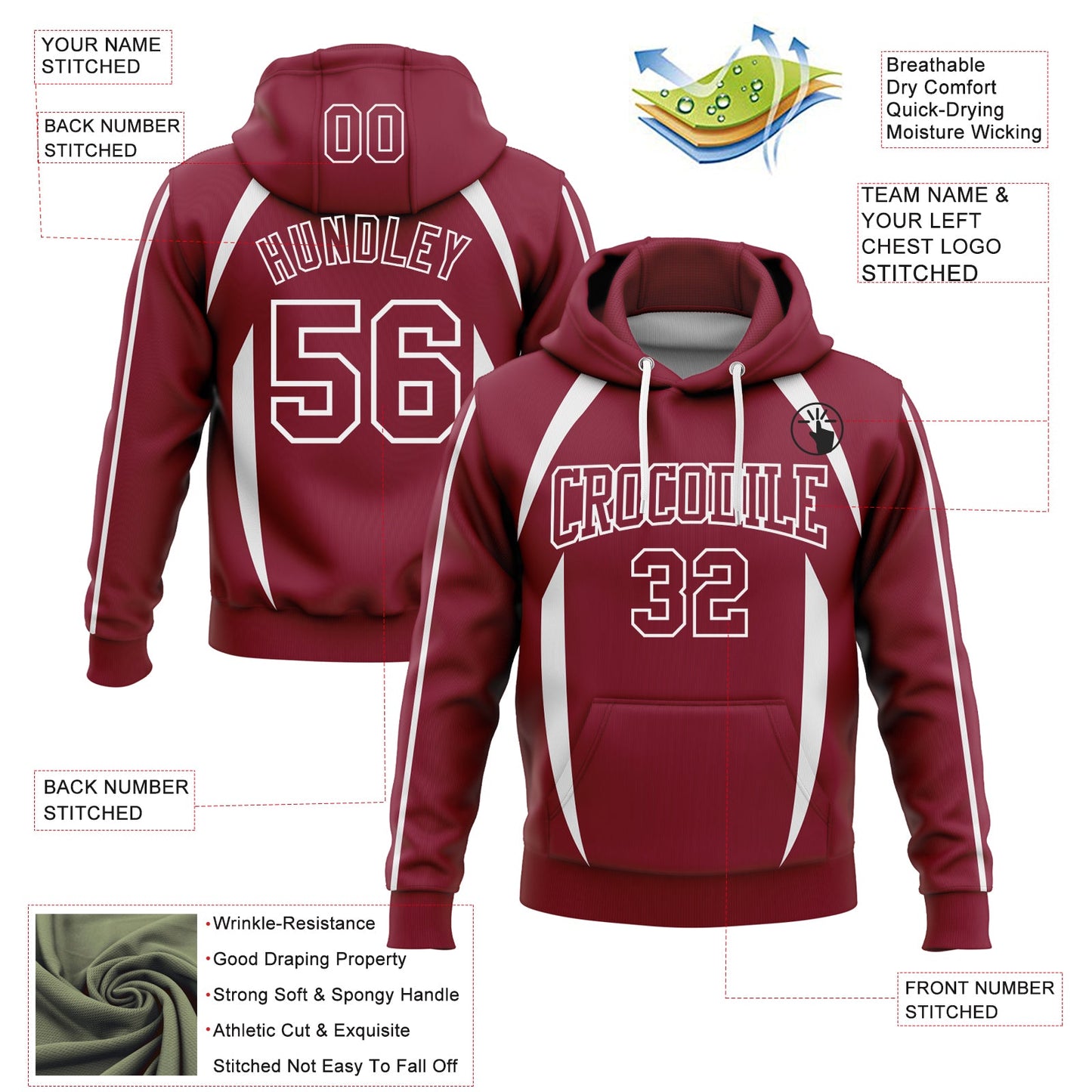 Custom Stitched Crimson White 3D Pattern Design Contrast Color Stripe Sports Pullover Sweatshirt Hoodie view 2