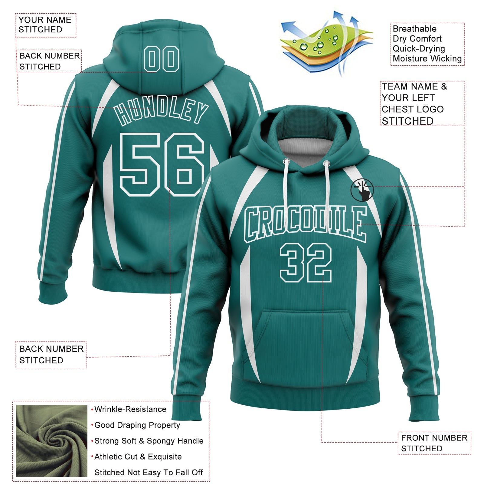 Custom Stitched Teal White 3D Pattern Design Contrast Color Stripe Sports Pullover Sweatshirt Hoodie view 2